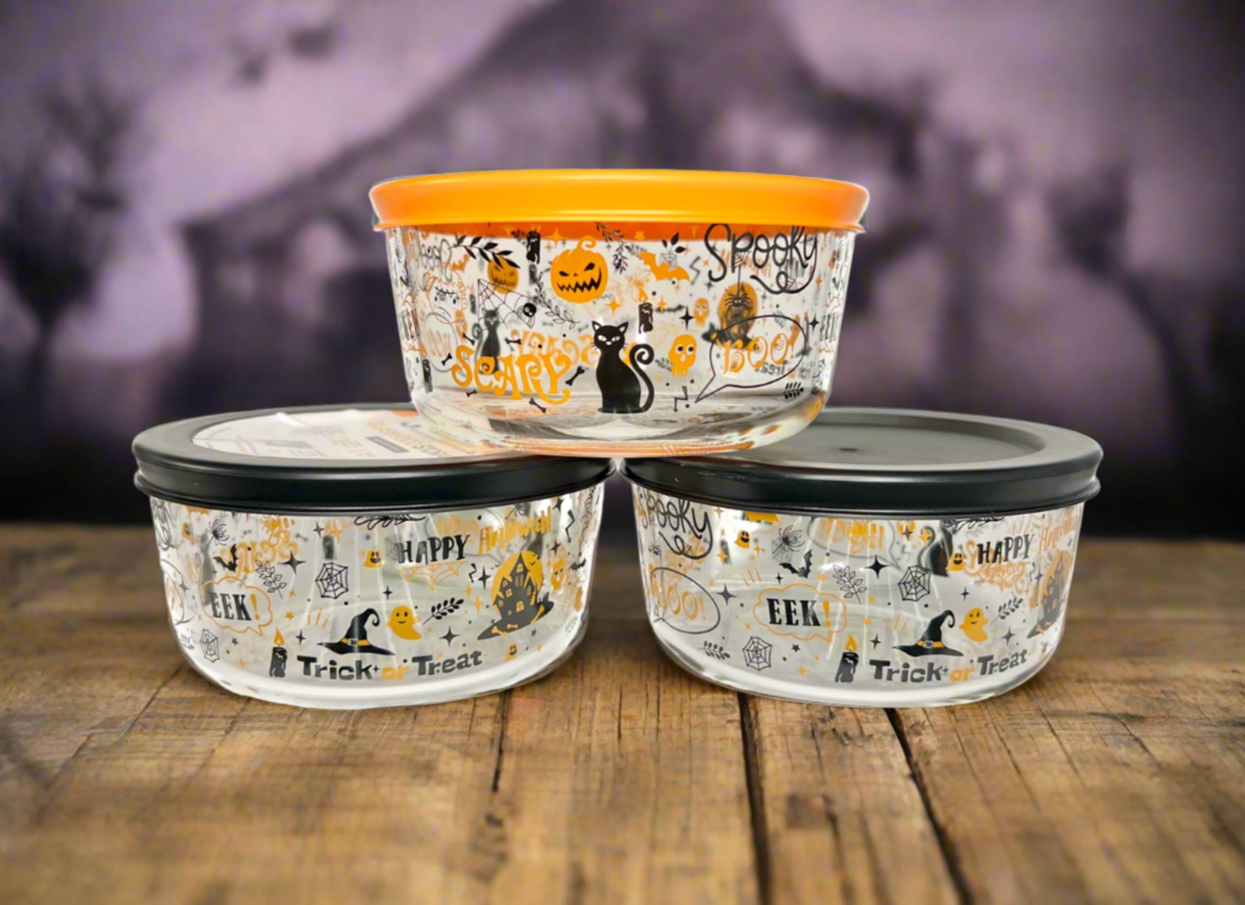 Dura Living Halloween Glass Storage Containers with Lids, 2 Cup Set Set of 6 (3 Containers + 3 Lids)