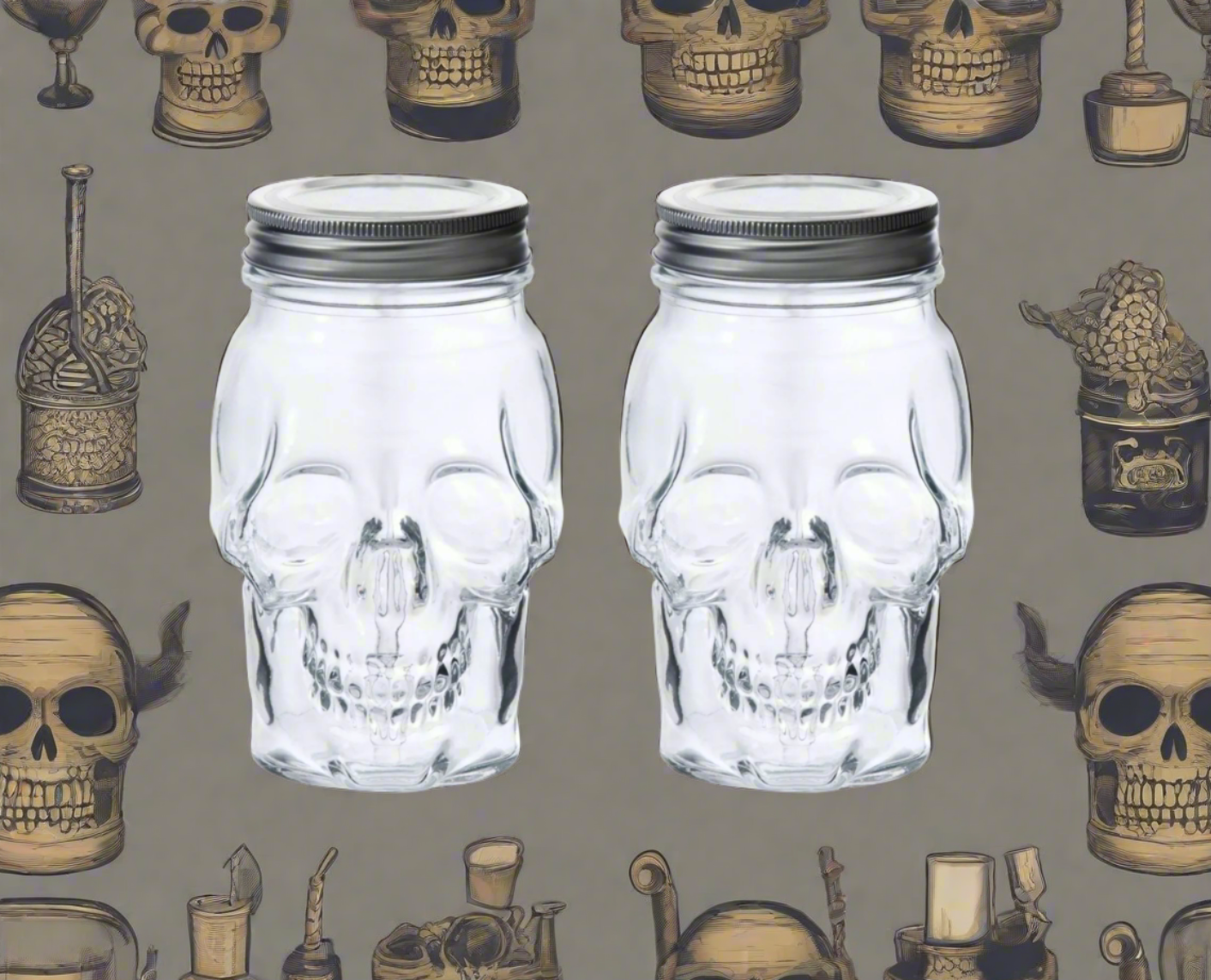 Skull Mason Jar with Lid, 4-Piece Set (2 skull Mason Jars & 2 Lids) 42oz, Clear