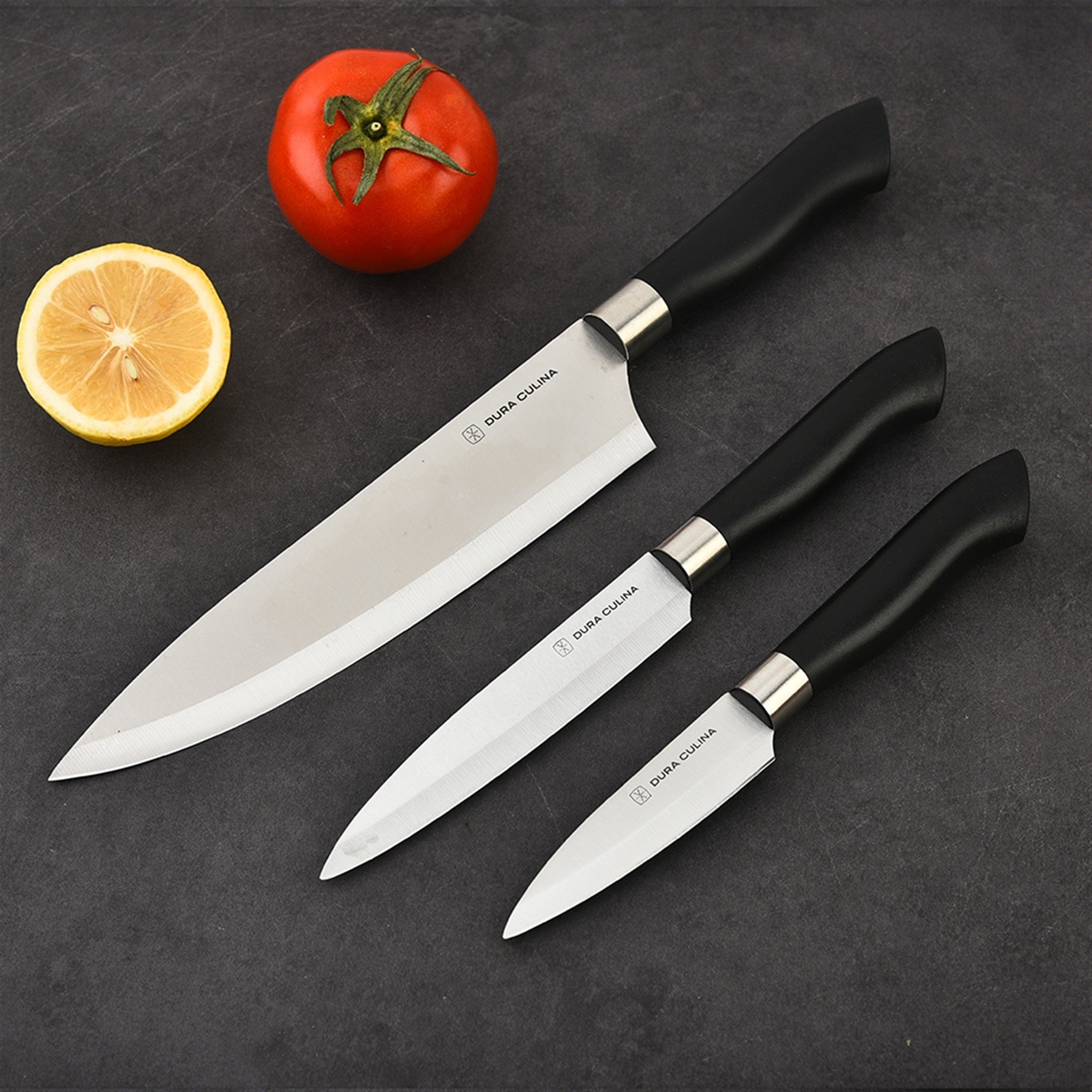 3 Piece Kitchen Knife Set with Matching Blade Guards, Black