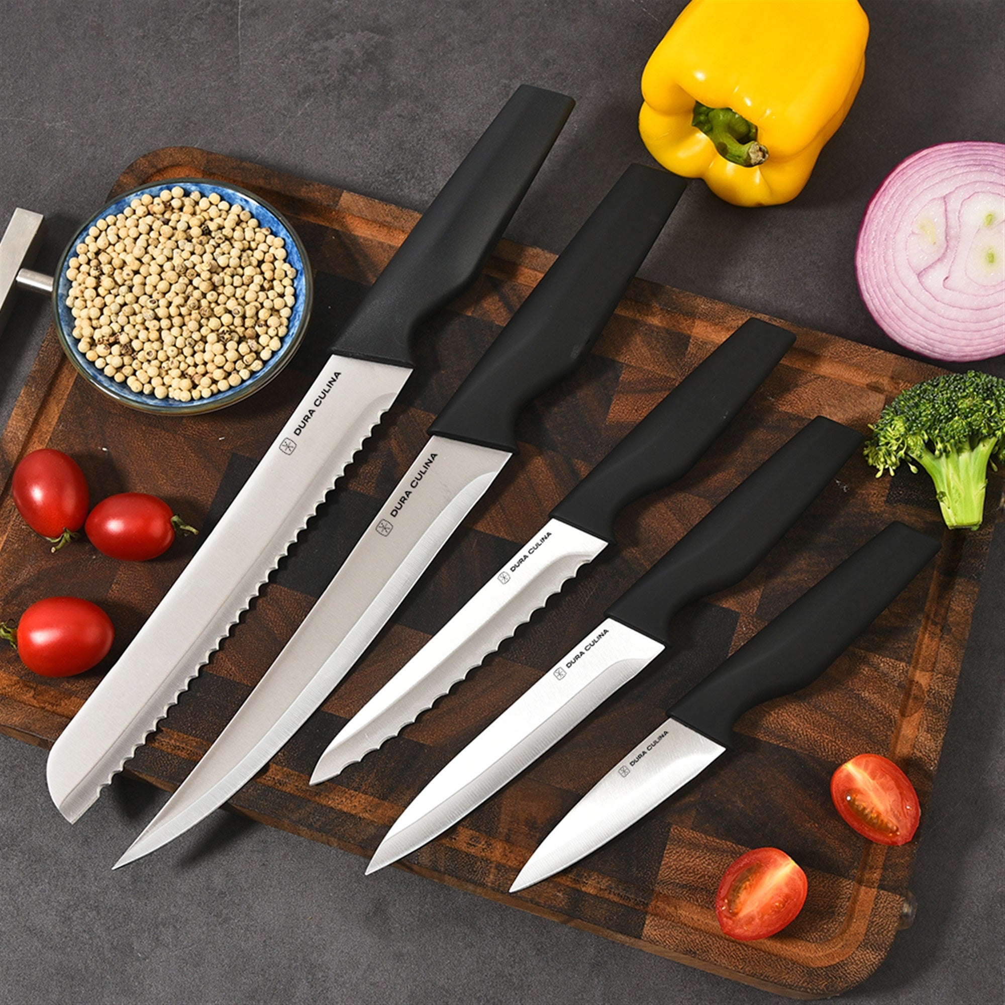 14-Piece Knife Block Set - High Carbon Stainless Steel with Ergonomic Handles, Built-In Sharpener, Black Wood Storage Block
