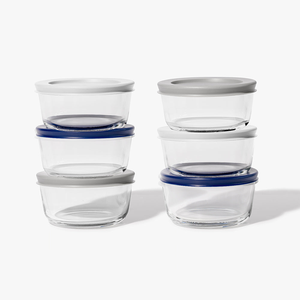 12 Piece (2 Cup / 16oz) Round Glass Food Storage Container Set (6 Containers + 6 Lids) with Bonus Lids