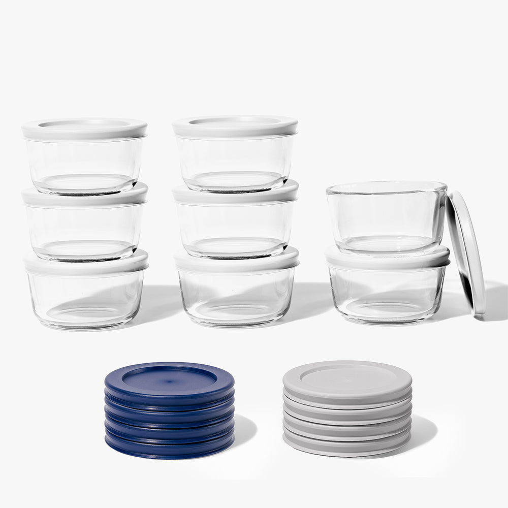 16 Piece (7oz) Round Glass Food Storage Container Set (8 Containers + 8 Lids) with Bonus Lids