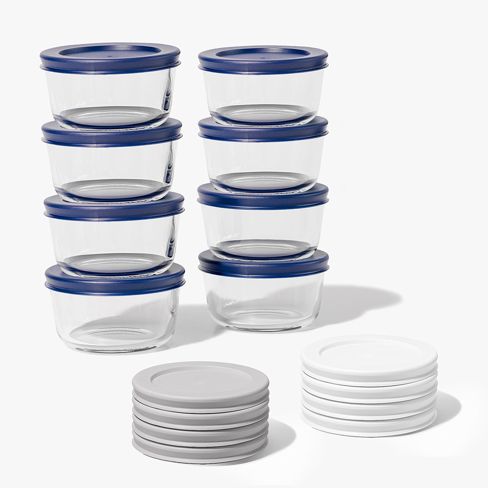 16 Piece (7oz) Round Glass Food Storage Container Set (8 Containers + 8 Lids) with Bonus Lids