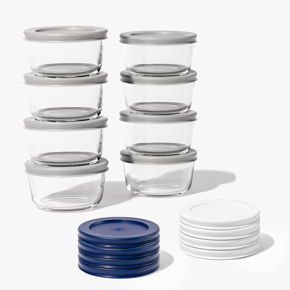 16 Piece (7oz) Round Glass Food Storage Container Set (8 Containers + 8 Lids) with Bonus Lids