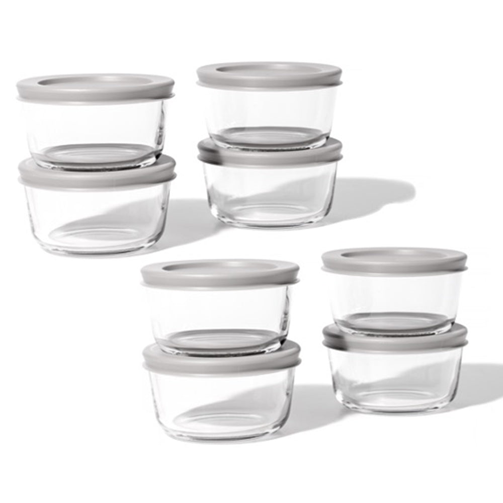 16 Piece (7oz) Round Glass Food Storage Container Set (8 Containers + 8 Lids) with Bonus Lids