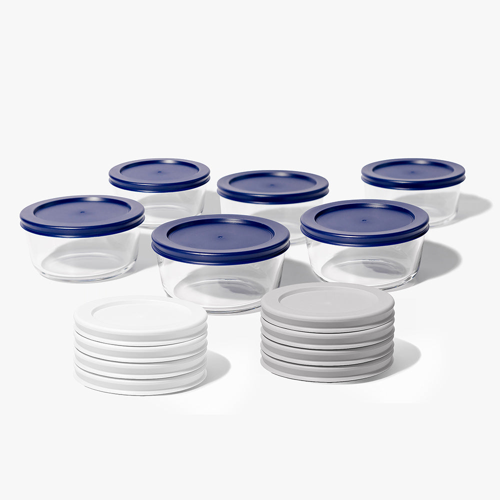 12 Piece (2 Cup / 16oz) Round Glass Food Storage Container Set (6 Containers + 6 Lids) with Bonus Lids