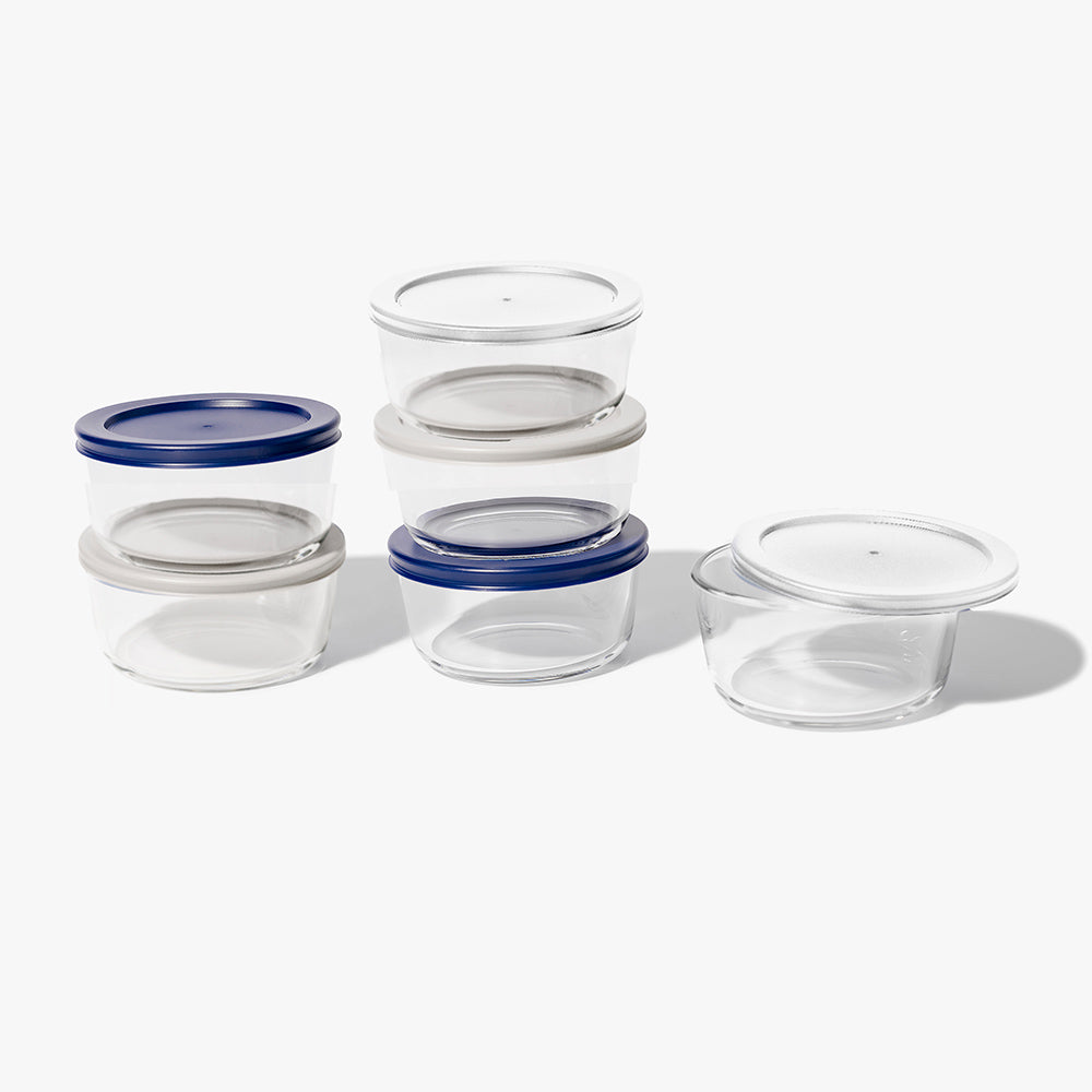 12 Piece (2 Cup / 16oz) Round Glass Food Storage Container Set (6 Containers + 6 Lids) with Bonus Lids