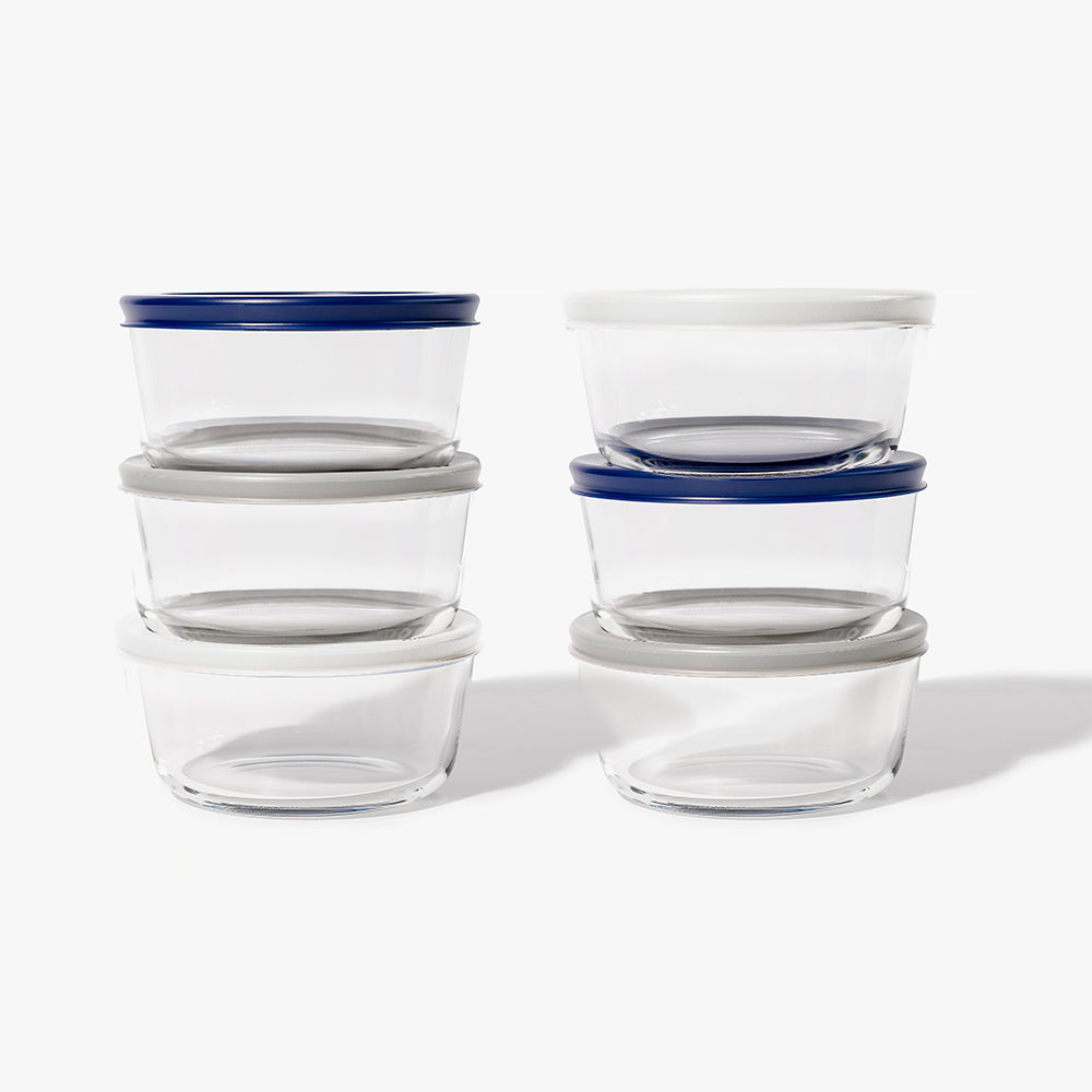 12 Piece (2 Cup / 16oz) Round Glass Food Storage Container Set (6 Containers + 6 Lids) with Bonus Lids