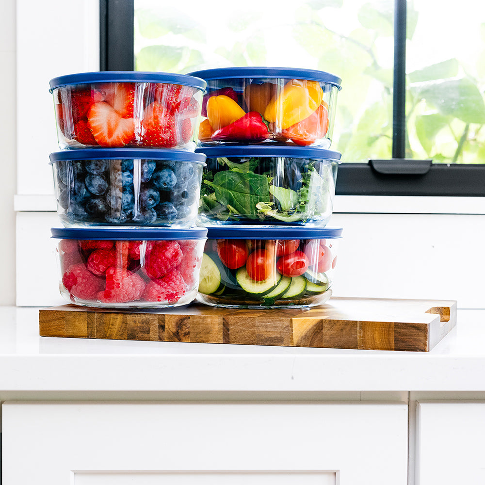 12 Piece (2 Cup / 16oz) Round Glass Food Storage Container Set (6 Containers + 6 Lids) with Bonus Lids