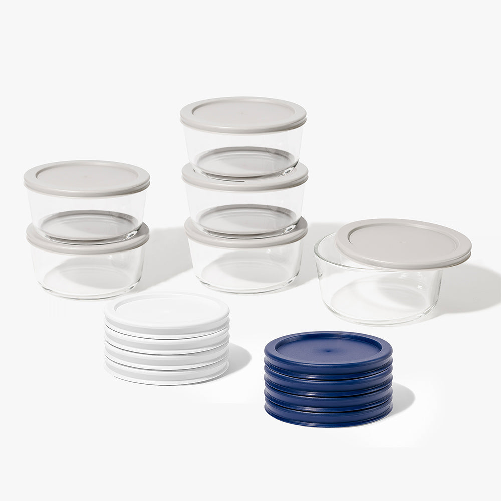 12 Piece (4 Cup / 32oz) Round Glass Food Storage Container Set (6 Containers + 6 Lids) with Bonus Lids