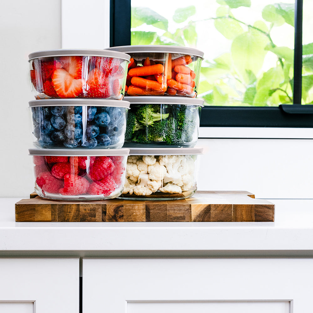 12 Piece (4 Cup / 32oz) Round Glass Food Storage Container Set (6 Containers + 6 Lids) with Bonus Lids