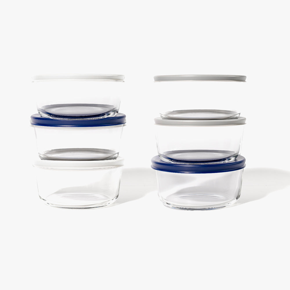 12 Piece (4 Cup / 32oz) Round Glass Food Storage Container Set (6 Containers + 6 Lids) with Bonus Lids