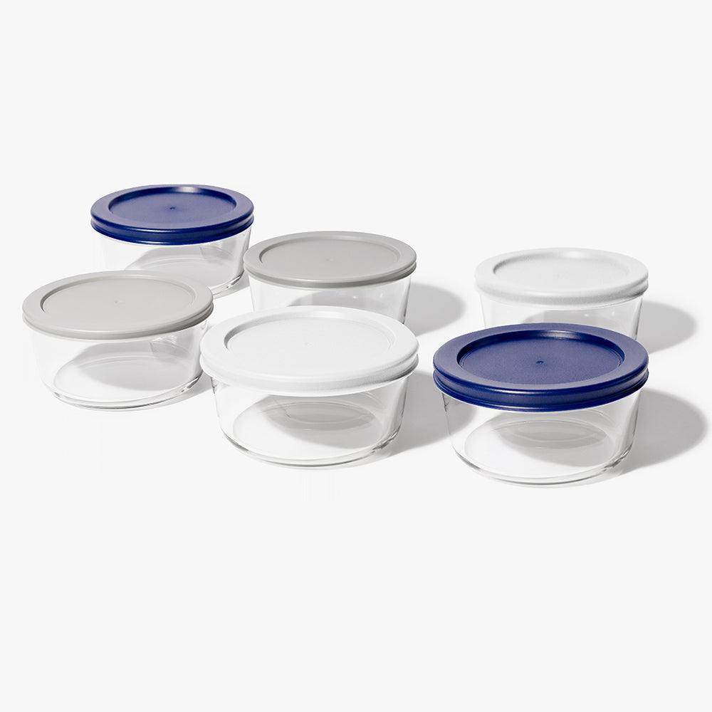 12 Piece (2 Cup / 16oz) Round Glass Food Storage Container Set (6 Containers + 6 Lids) with Bonus Lids