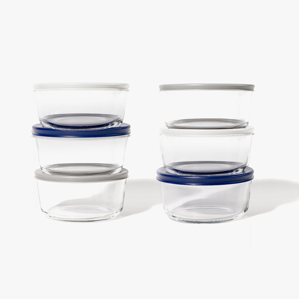 12 Piece (2 Cup / 16oz) Round Glass Food Storage Container Set (6 Containers + 6 Lids) with Bonus Lids