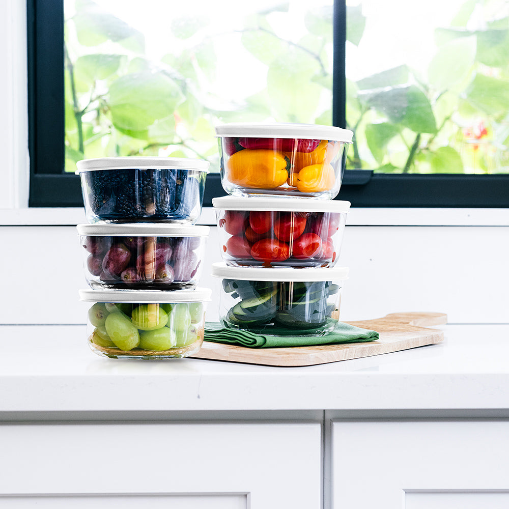 12 Piece (2 Cup / 16oz) Round Glass Food Storage Container Set (6 Containers + 6 Lids) with Bonus Lids