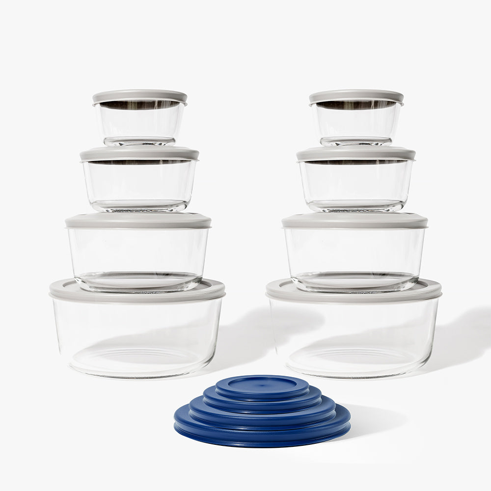 16 Piece Round Nest Space-Saving Glass Storage Container Set (8 Containers + 8 Lids) With Bonus Lids