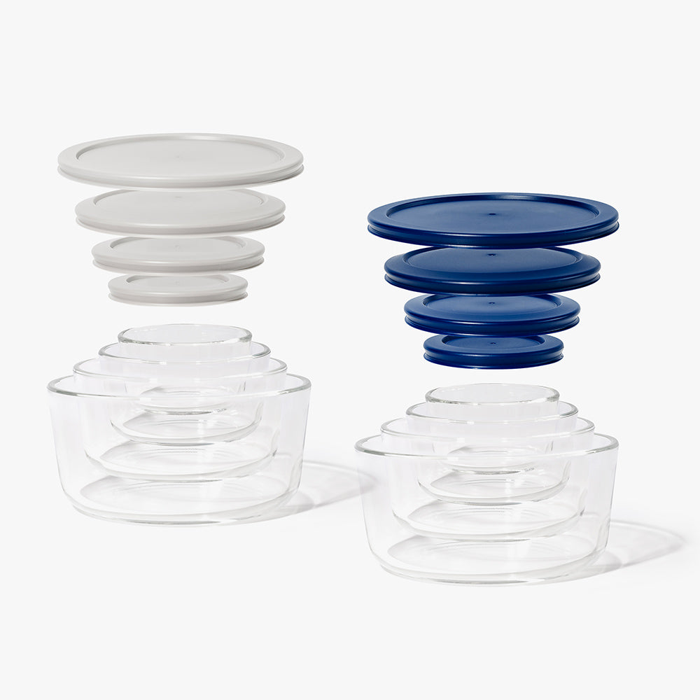 16 Piece Round Nest Space-Saving Glass Storage Container Set (8 Containers + 8 Lids) With Bonus Lids