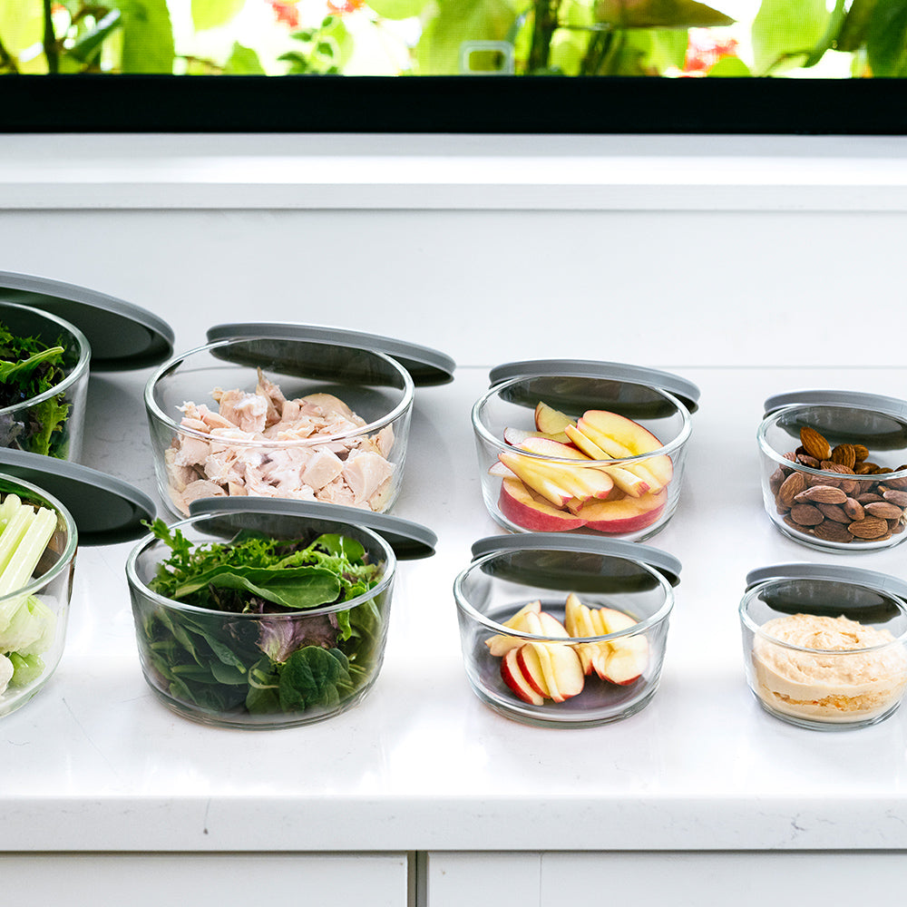 16 Piece Round Nest Space-Saving Glass Storage Container Set (8 Containers + 8 Lids) With Bonus Lids