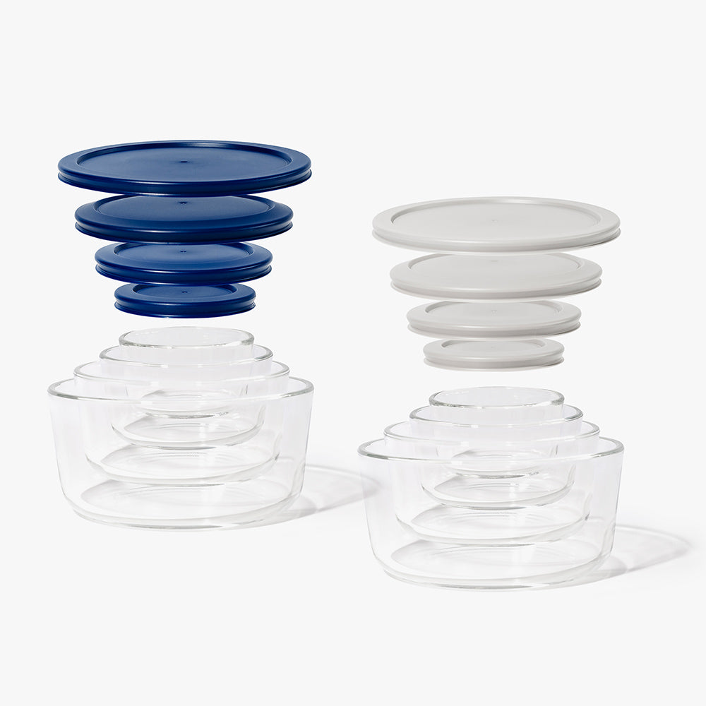 16 Piece Round Nest Space-Saving Glass Storage Container Set (8 Containers + 8 Lids) With Bonus Lids