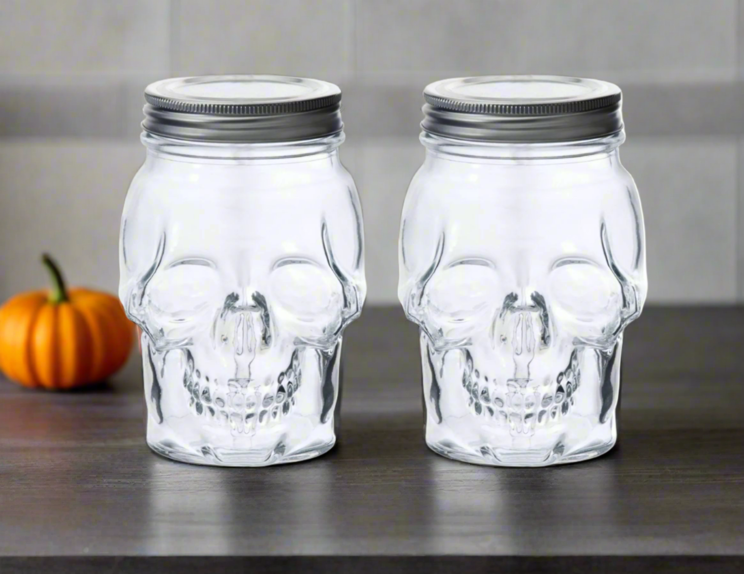 Skull Mason Jar with Lid, 4-Piece Set (2 skull Mason Jars & 2 Lids) 42oz, Clear