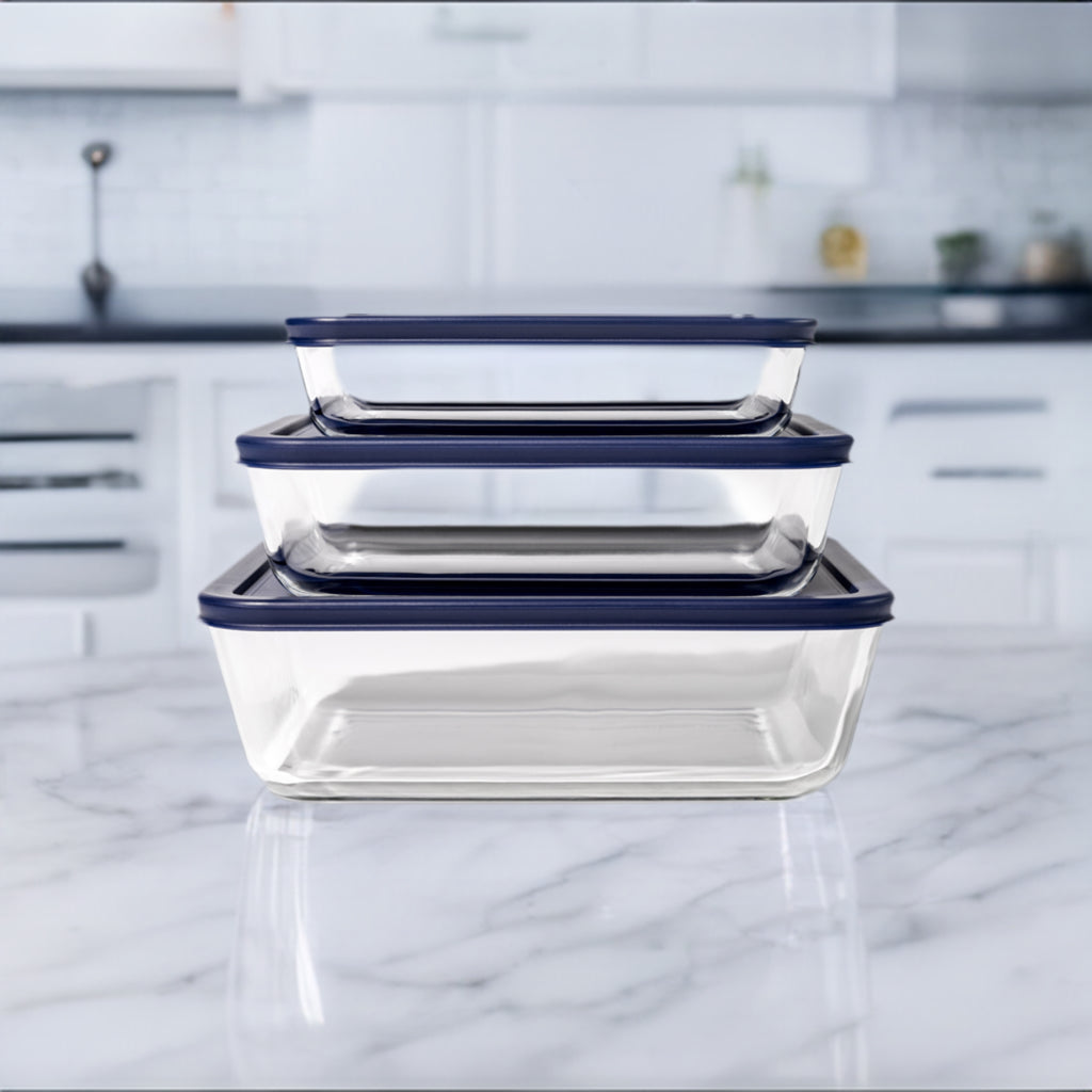 Glass Food Storage Containers - 6 Piece (3 Containers + 3 Lids) Rectangular Nesting Space-Saving Set