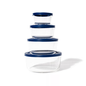 Glass Food Storage Containers - 8 Piece (4 Containers + 4 Lids) Round Nesting Space-Saving Set