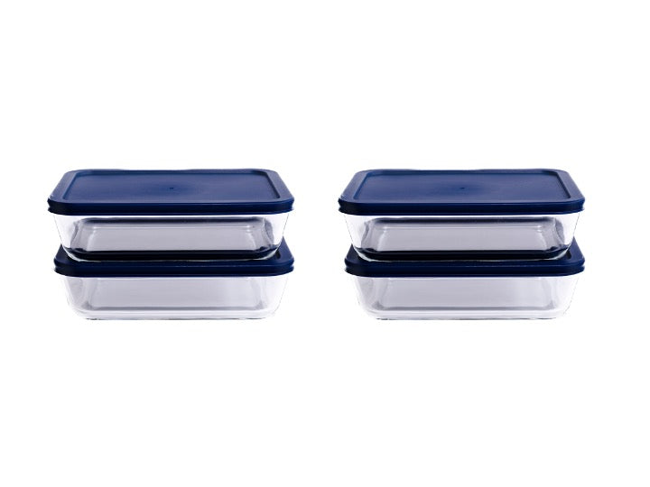 Glass Food Storage Containers - 8 Piece 6.55 Cup (4 Containers + 4 Lids) Rectangular Set