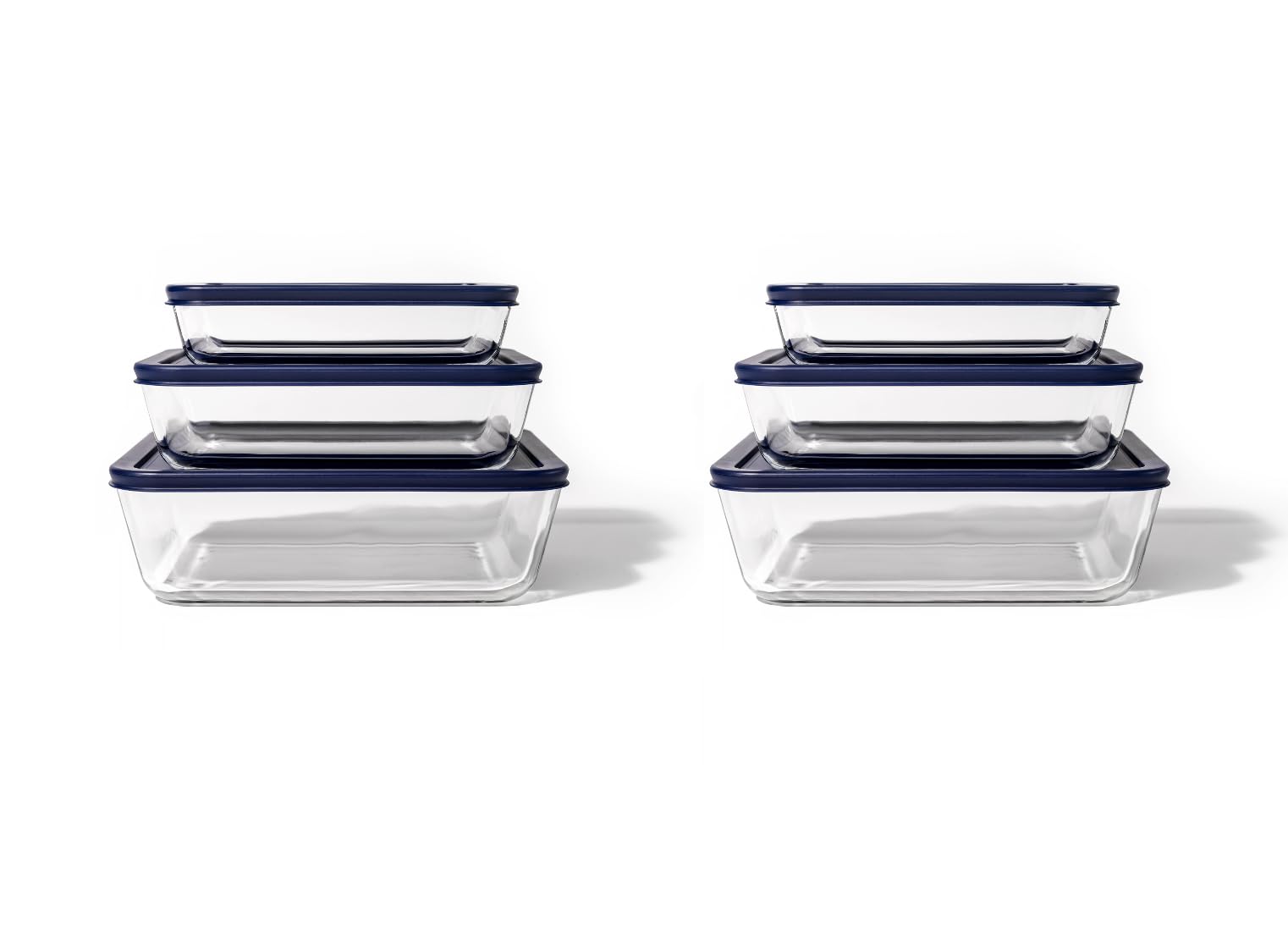 Glass Food Storage Containers - 12 Piece (6 Containers + 6 Lids) Rectangular Nesting Space-Saving Set