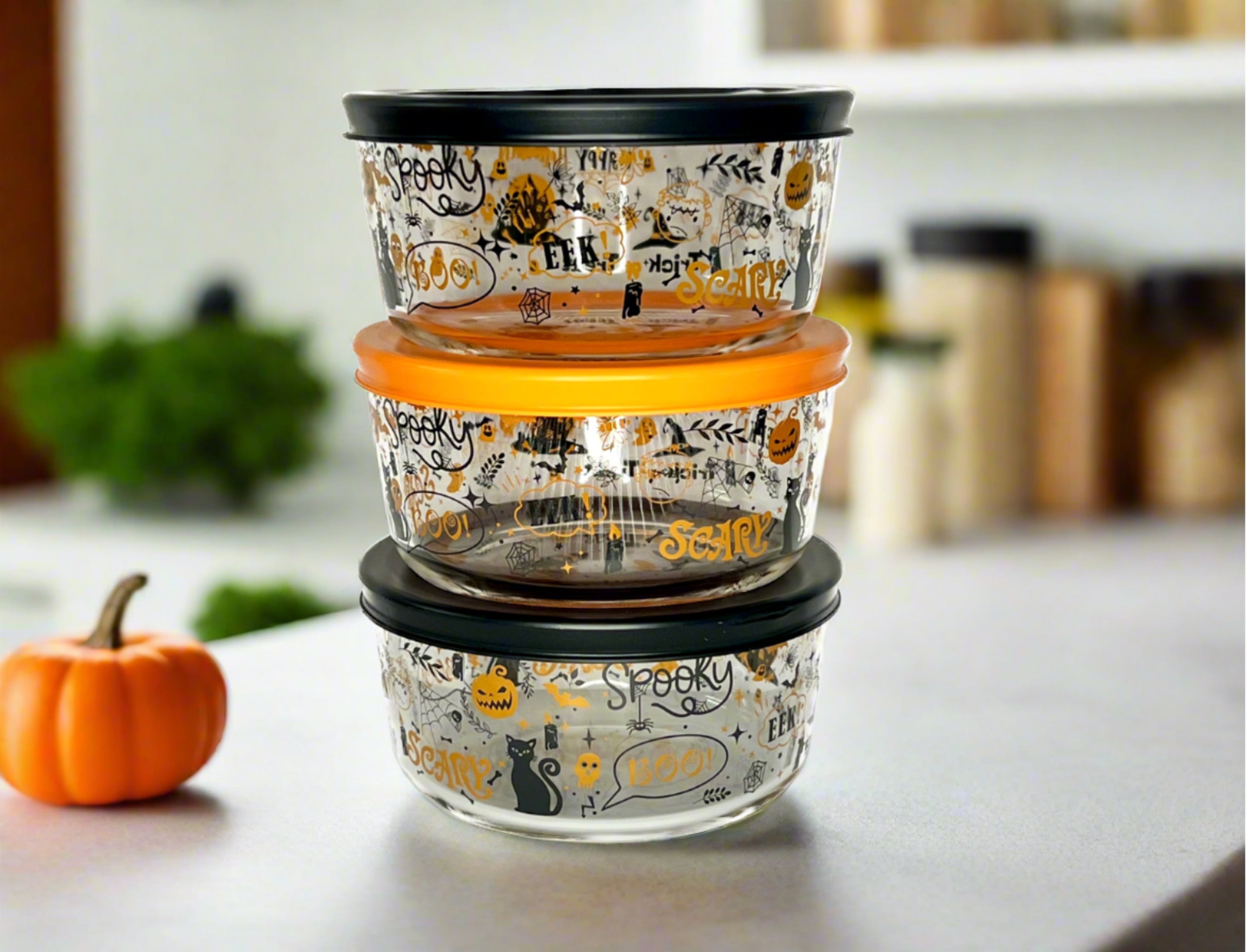 Dura Living Halloween Glass Storage Containers with Lids, 2 Cup Set Set of 6 (3 Containers + 3 Lids)