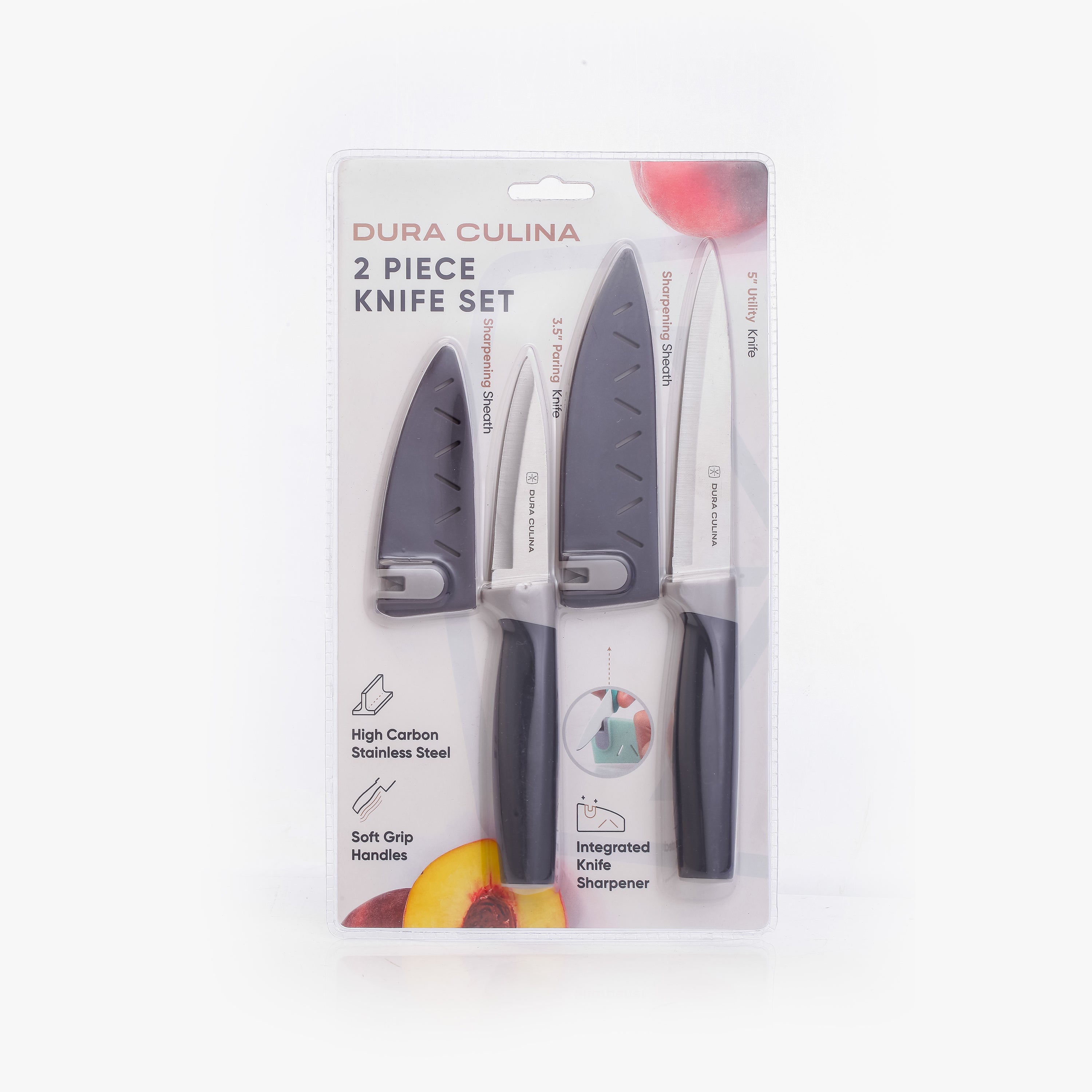 2 Piece Kitchen Knife Set- Paring, and Utility Knife with Matching Blade Guards with Built in Sharpener