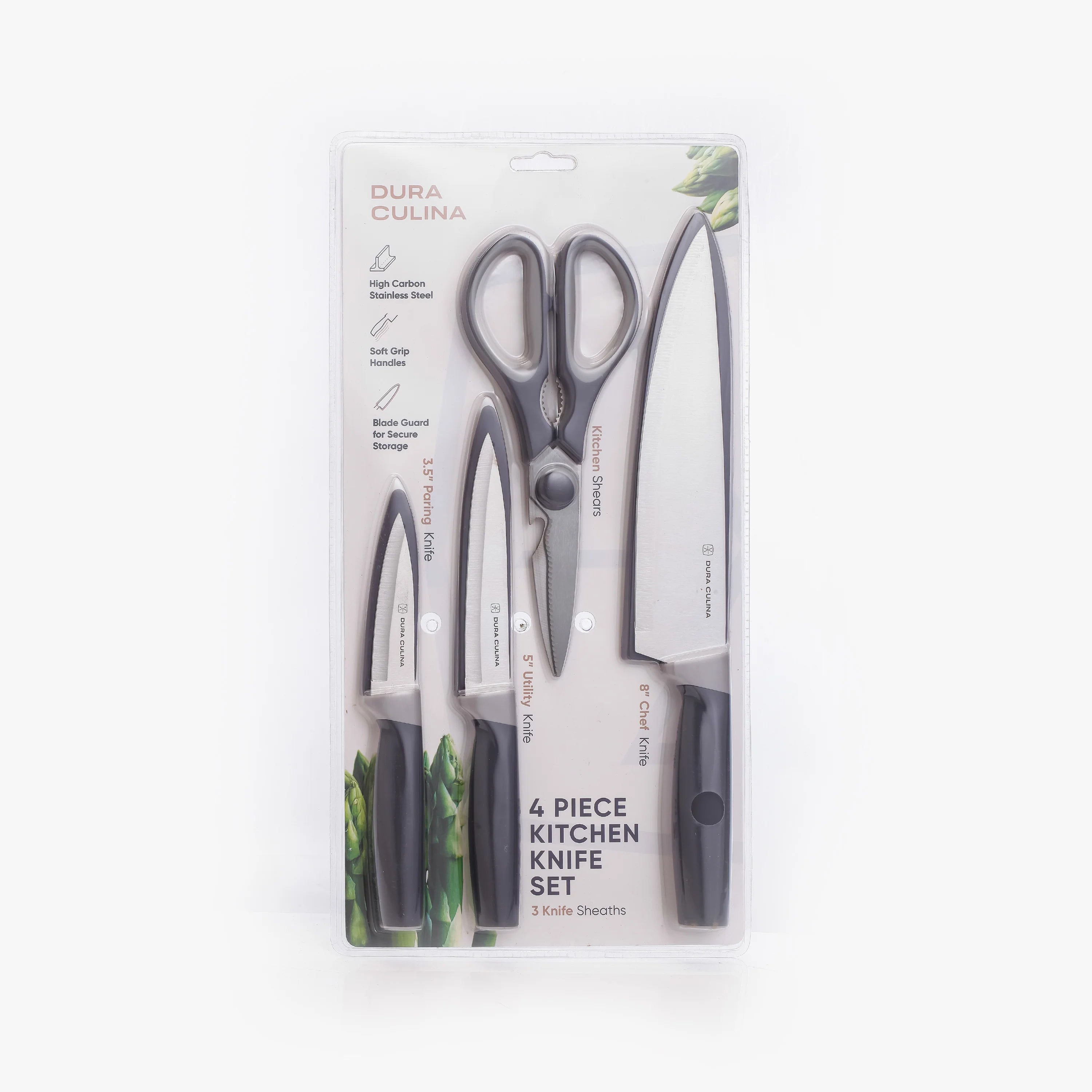 4 Piece Kitchen Knife Set- Chef, Utility, Paring, Multi Purpose Shears, and Matching Blade Guards