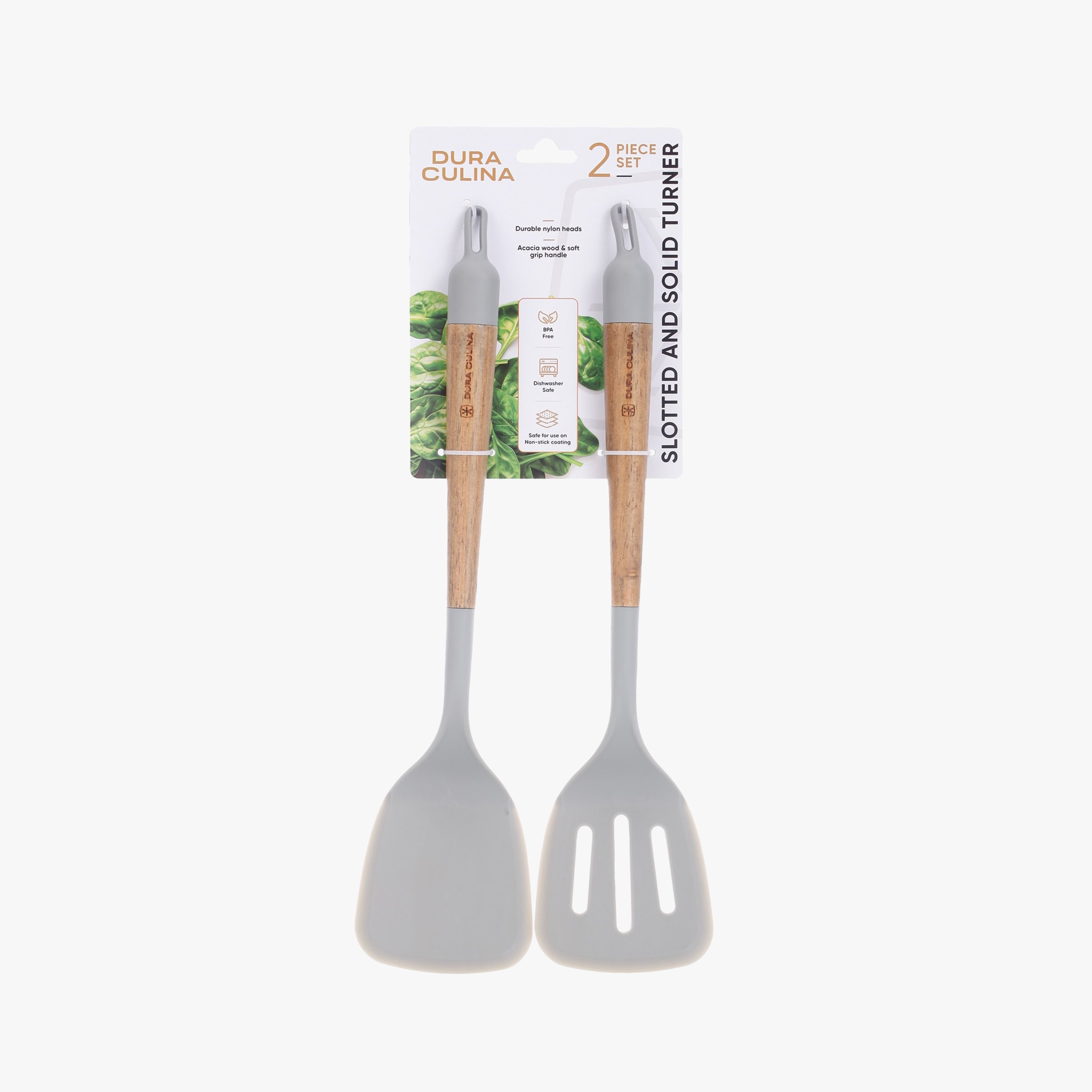 2-Piece Solid & Slotted Turner Set – Acacia Wood Handles, Non-Stick Safe Nylon Heads, Soft Grip Handles, Heat Resistant