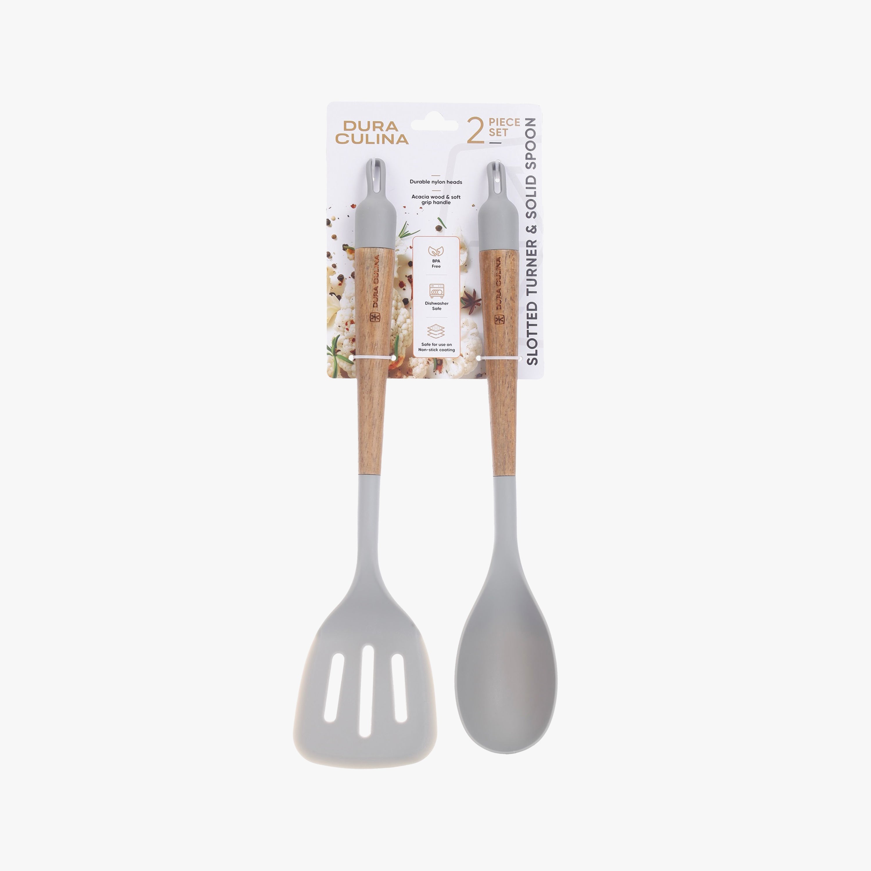 2-Piece Solid Spoon & Slotted Turner Set –Acacia Wood Handles, Non-Stick Safe Nylon Heads, Soft Grip Handles, Heat Resistant