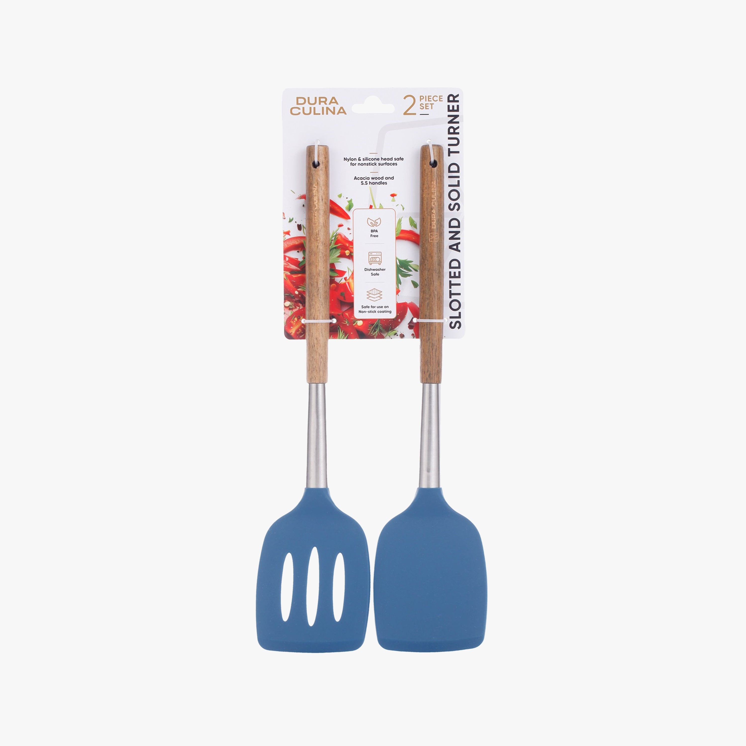 2-Piece Solid & Slotted Turner Set - Acacia Wood & Stainless Steel Handles, Silicone Heads, Non-Stick Safe, Navy