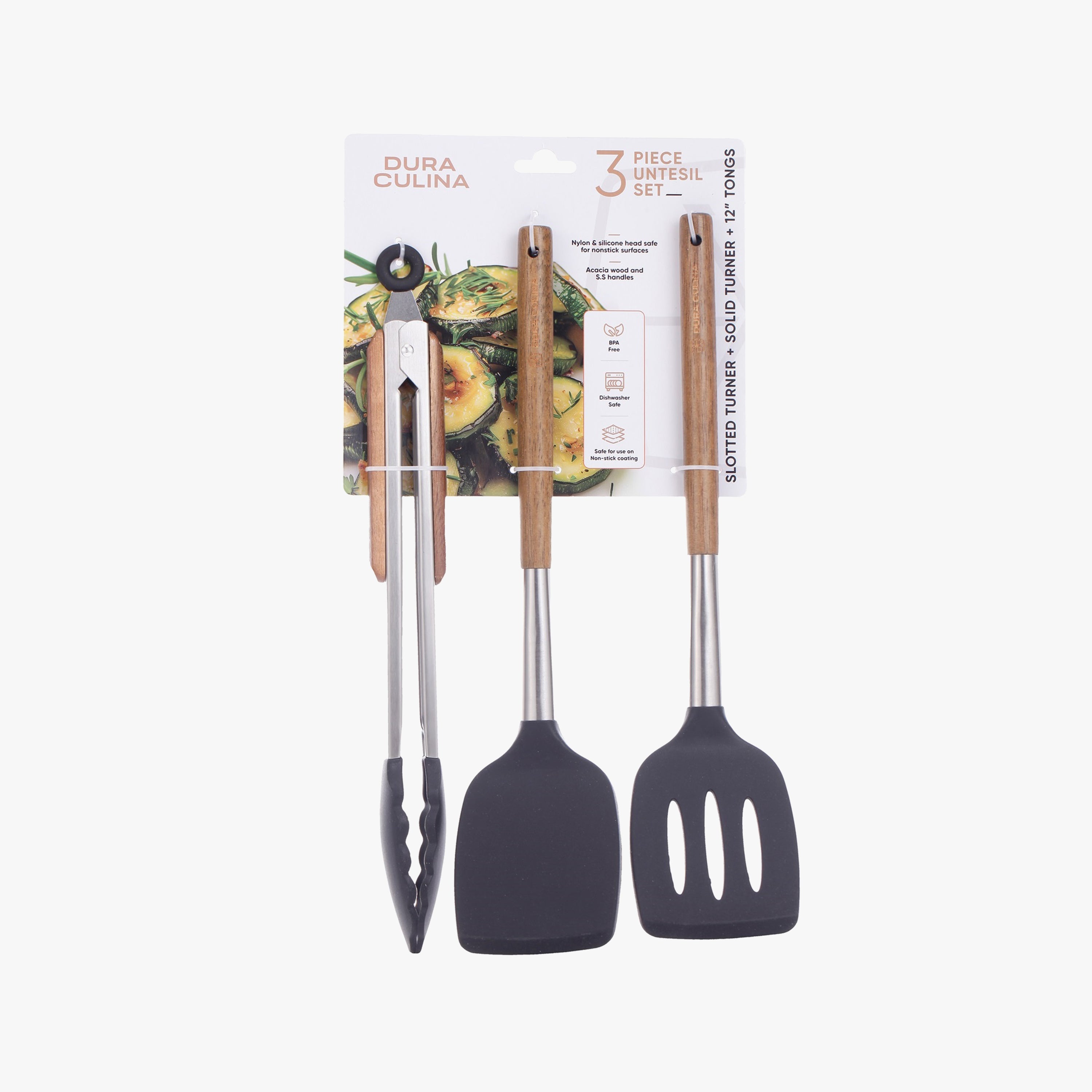 3-Piece Kitchen Tool Set - Acacia Wood & Stainless Steel Handles, Silicone Heads, Non-Stick Safe, Black