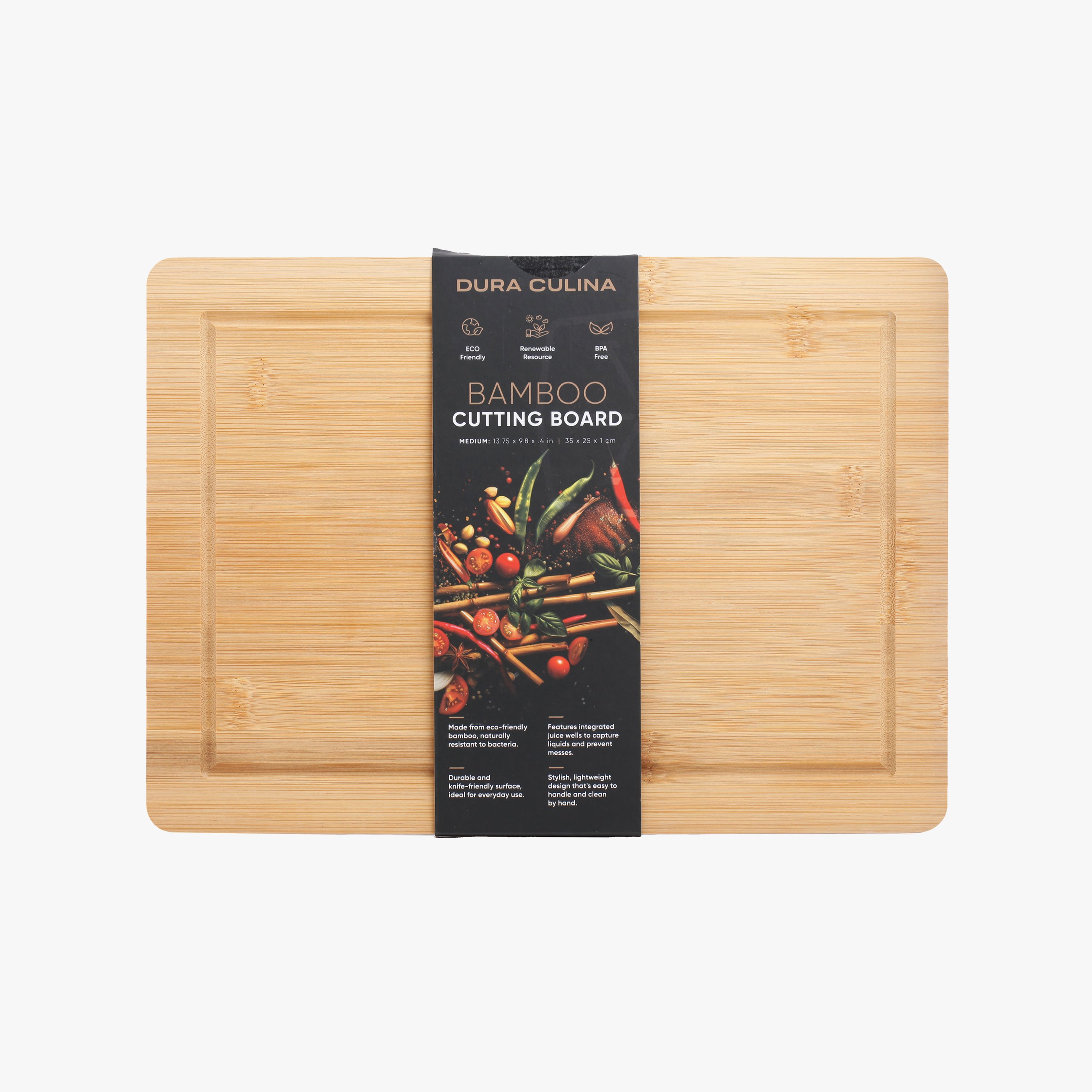 Bamboo Wood Cutting Board: Medium – (13.78” x 9.84”) Durable, Eco-Friendly Chopping Board