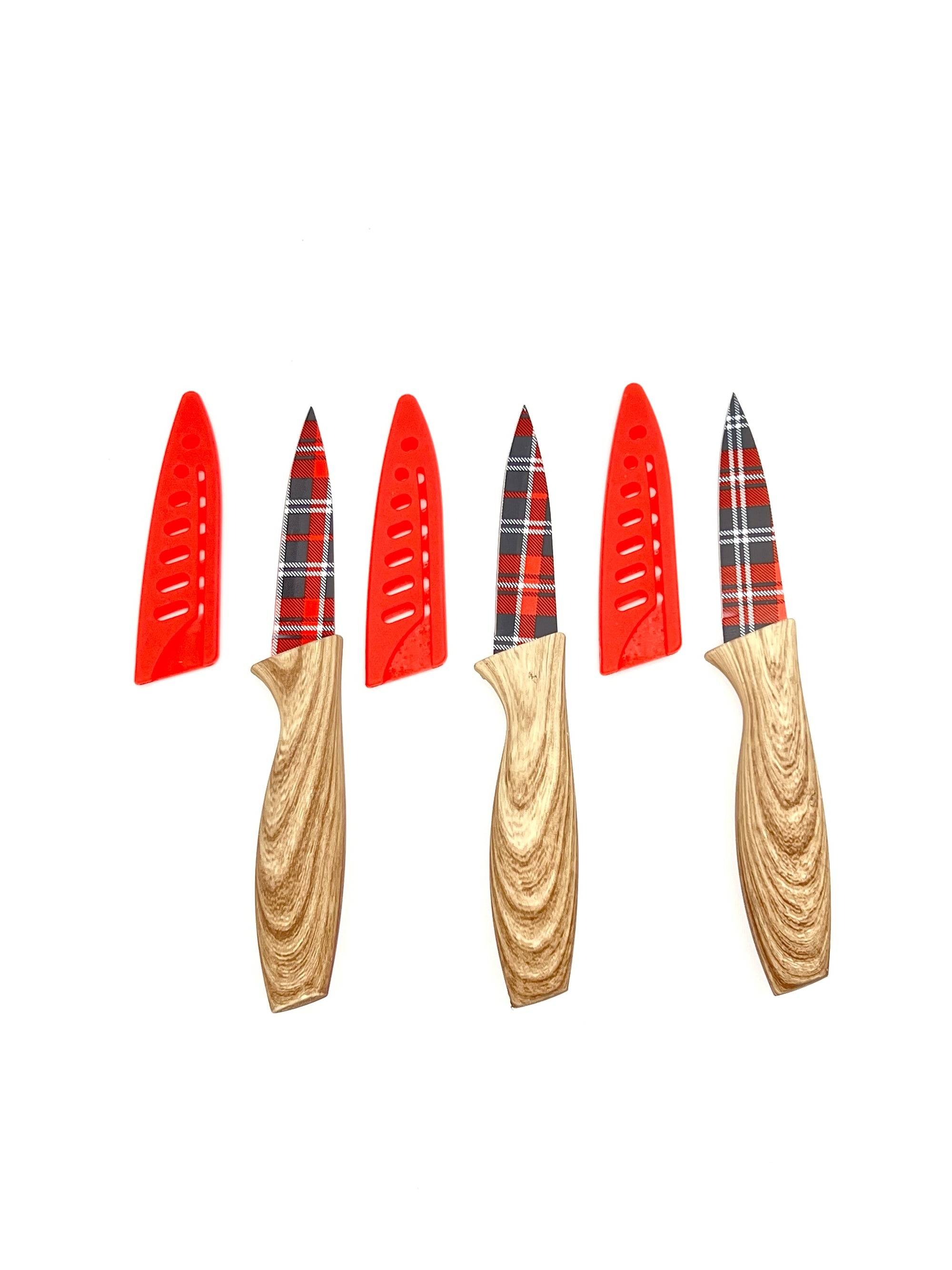 3-Piece Festive Holiday Paring Knife Set with Blade Guards, Gingham