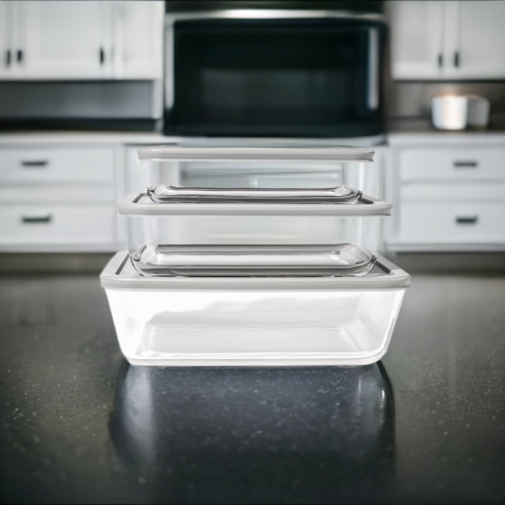 Glass Food Storage Containers - 6 Piece (3 Containers + 3 Lids) Rectangular Nesting Space-Saving Set