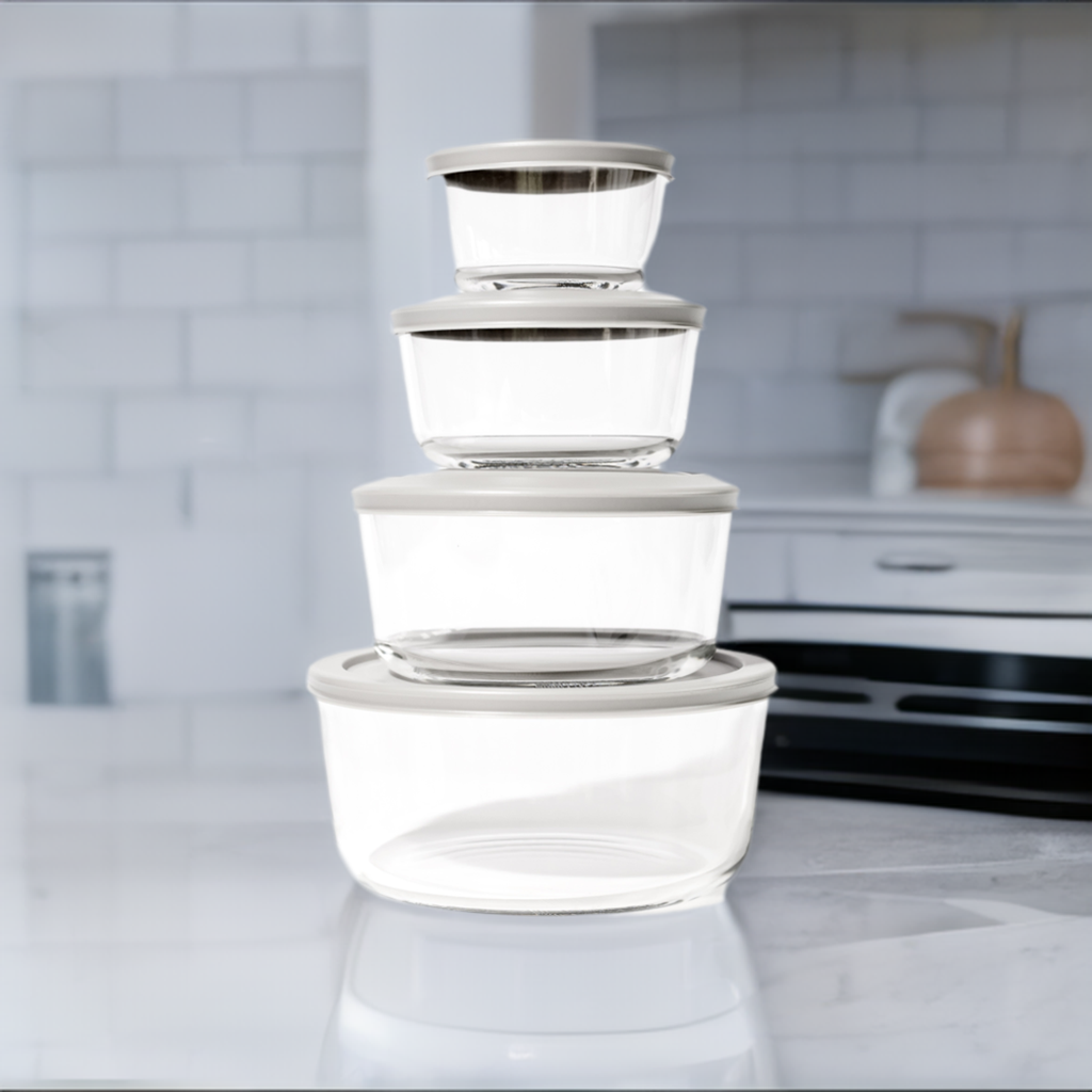 Glass Food Storage Containers - 8 Piece (4 Containers + 4 Lids) Round Nesting Space-Saving Set