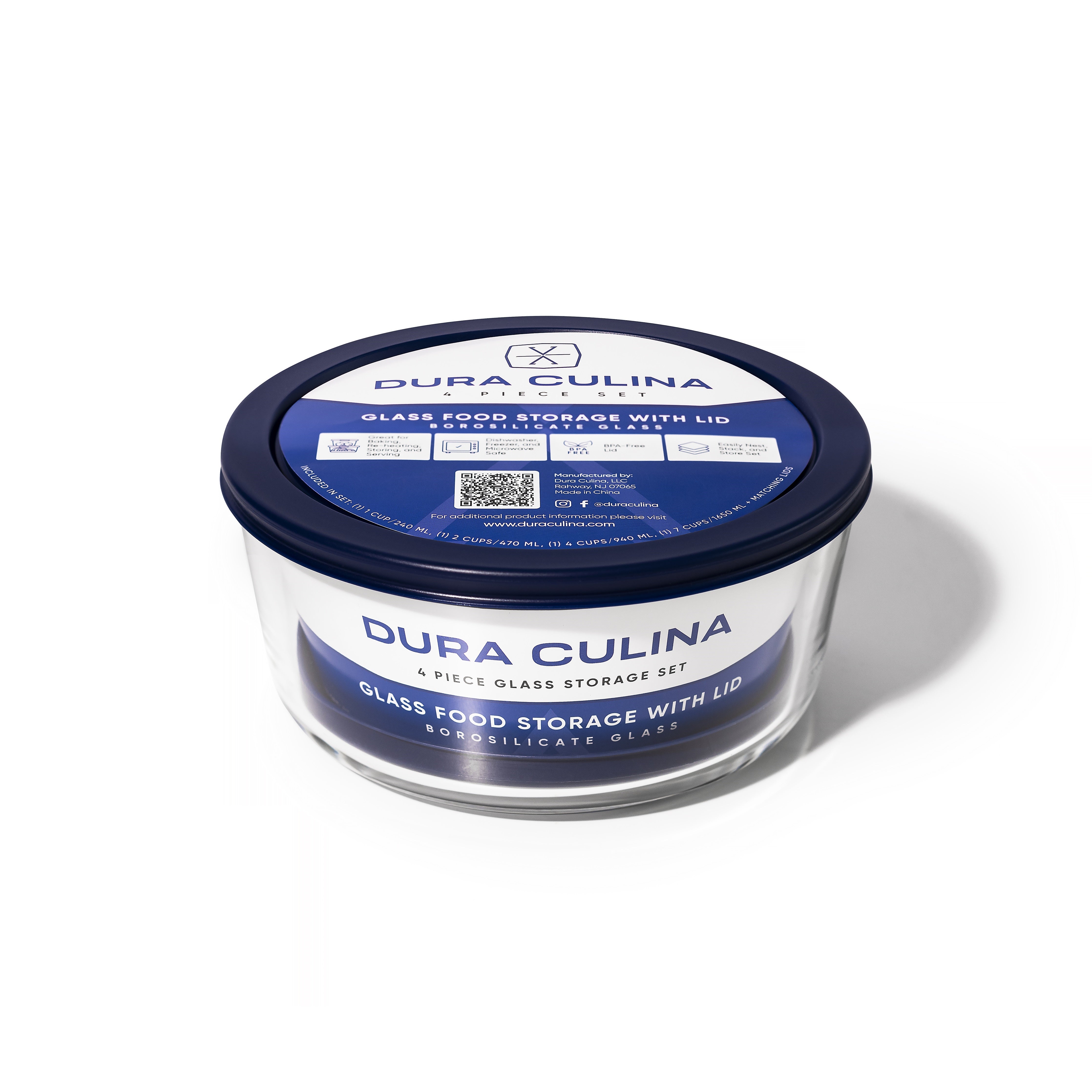 Glass Food Storage Containers - 8 Piece (4 Containers + 4 Lids) Round Nesting Space-Saving Set