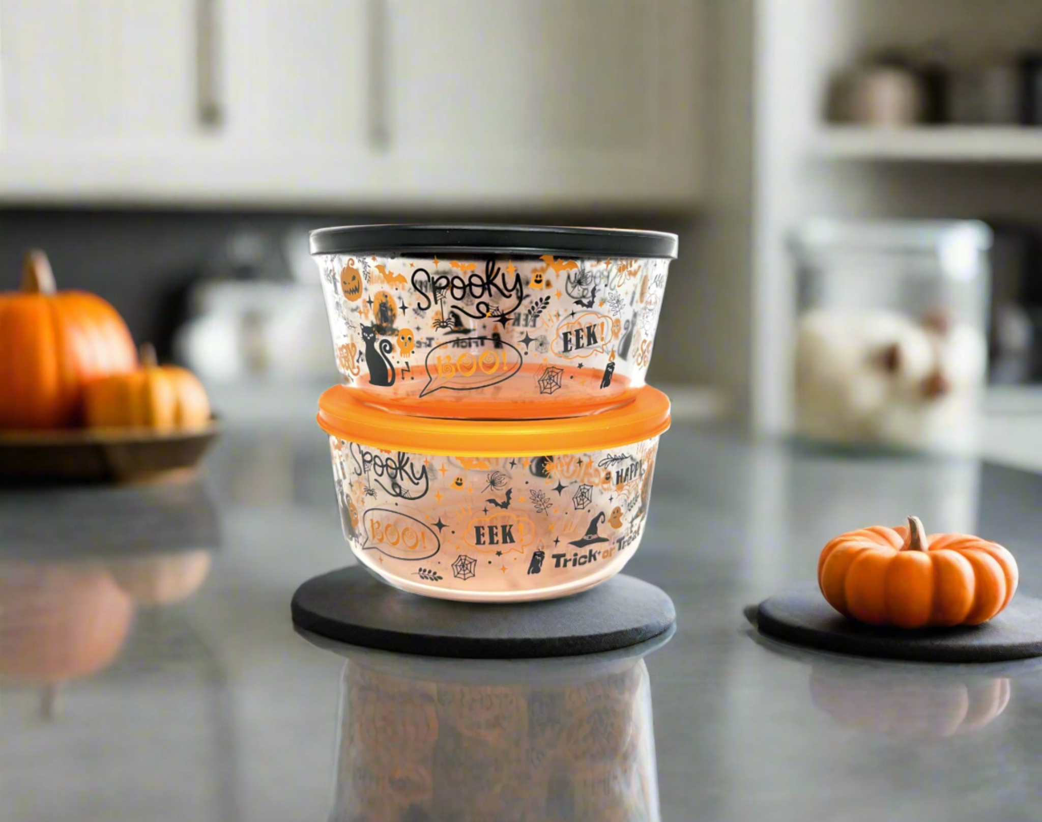 Dura Living Halloween Glass Food Storage Containers - 4 Piece 4 Cup Set (2 Containers + 2 Lids)