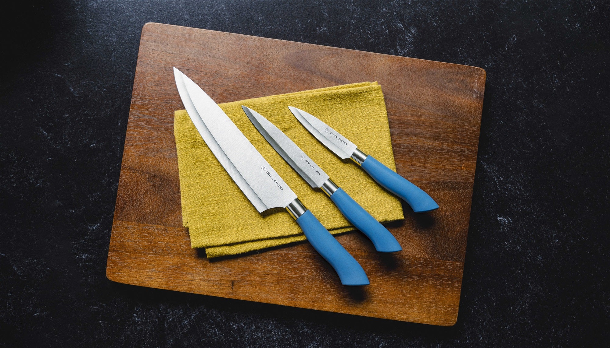 EcoCut 3 Piece Kitchen Knife Set With Blade Guards, Blue