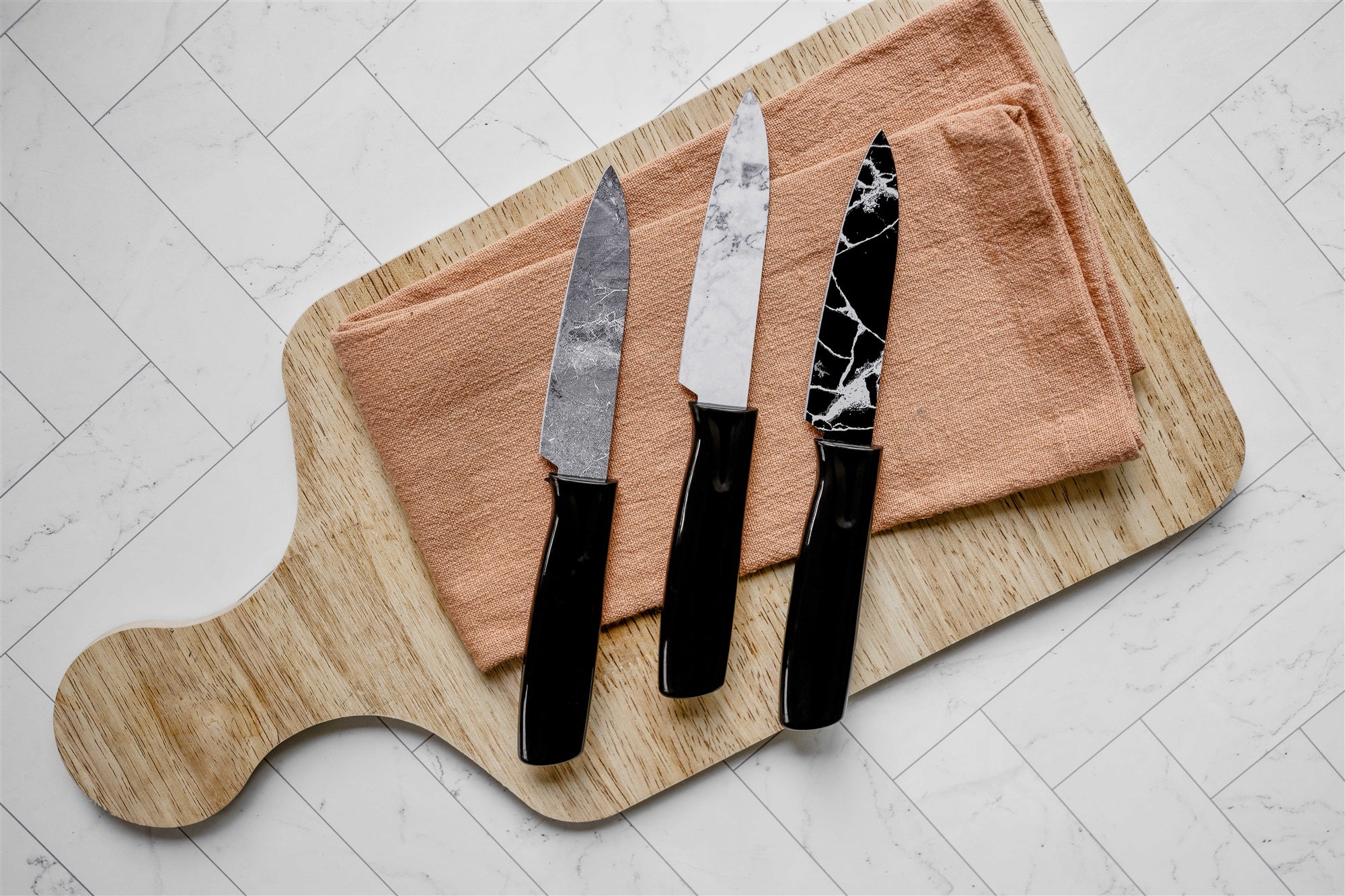 3 Piece Printed Knife Set with Sheaths, Marble