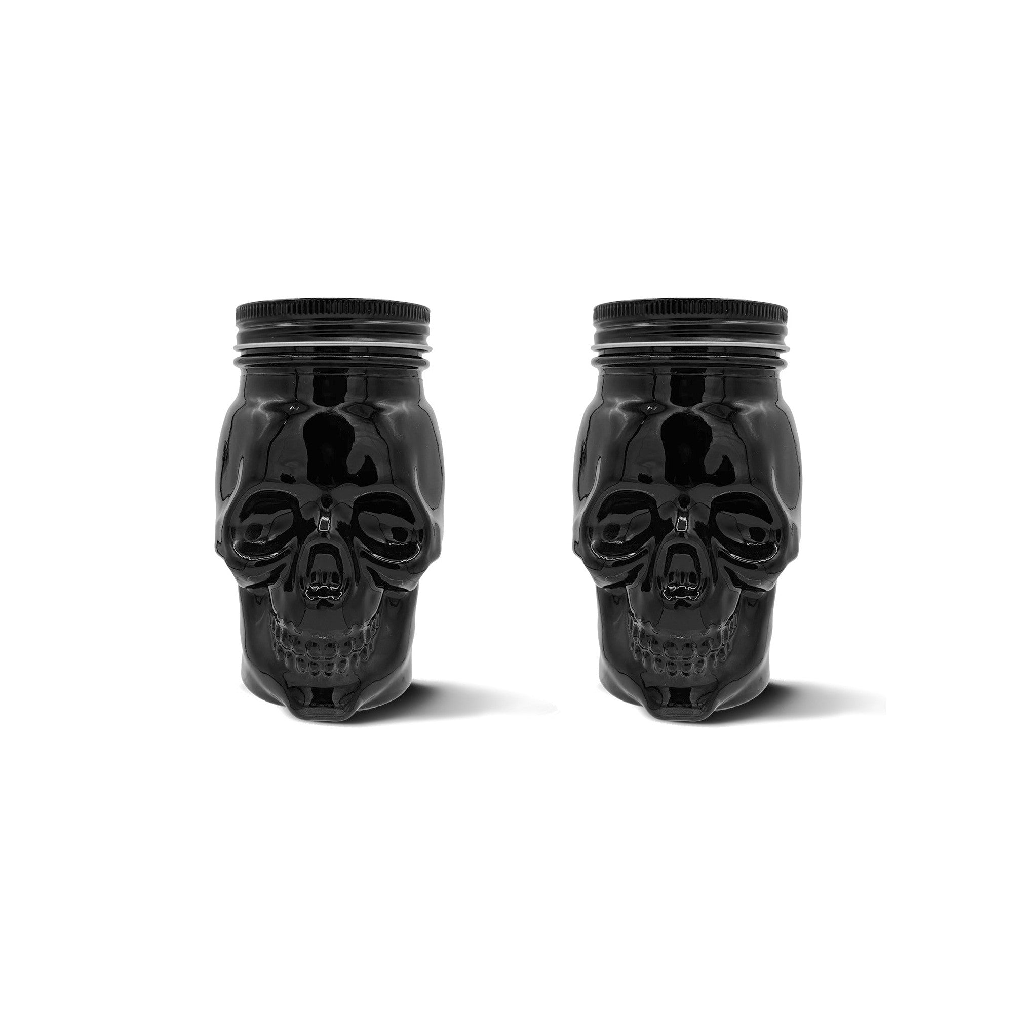 Skull Mason Jar with Lid, 4-Piece Set (2 skull Mason Jars & 2 Lids) 16oz, Black – Main View – Dura Living