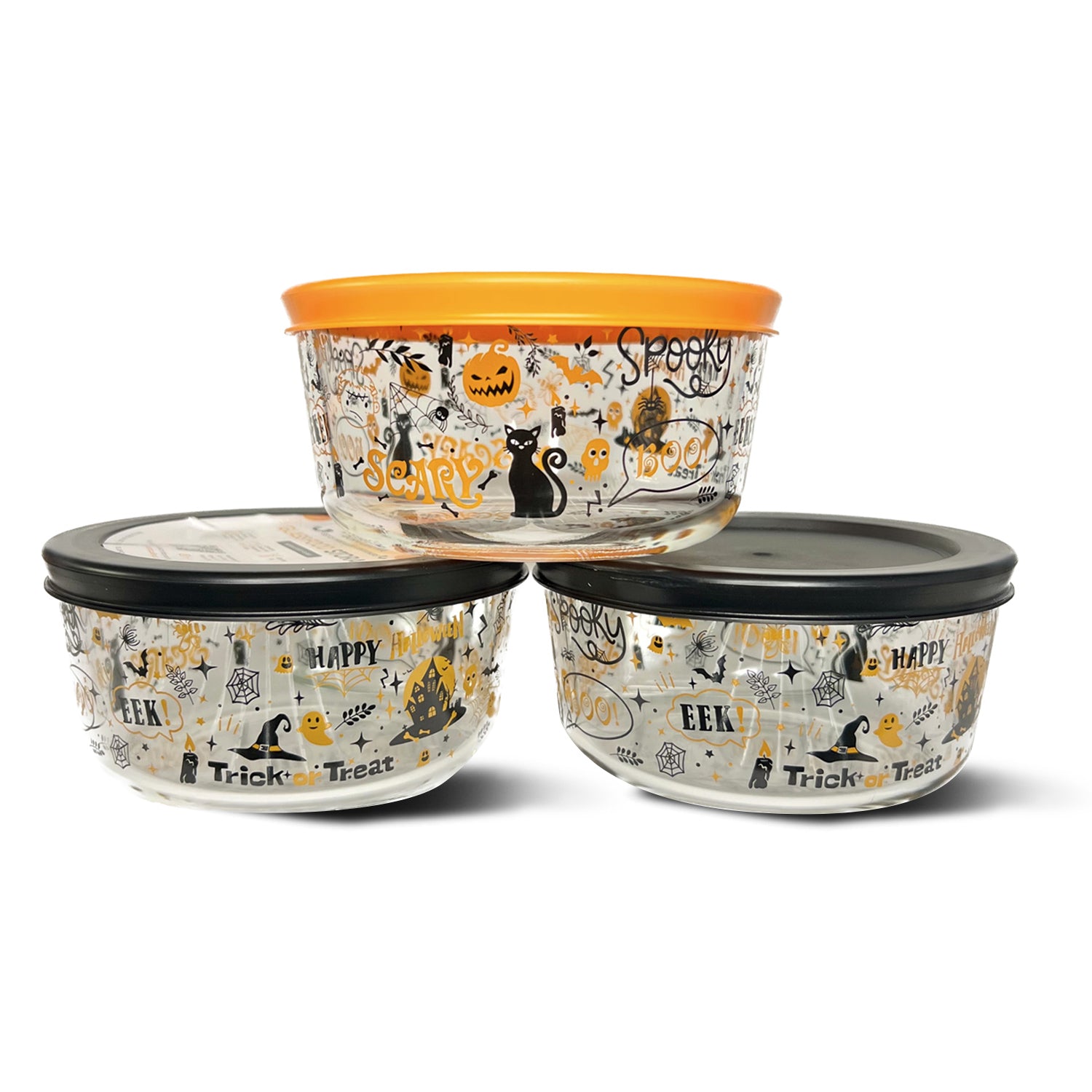 Dura Living Halloween Glass Storage Containers with Lids, 2 Cup Set Set of 6 (3 Containers + 3 Lids)