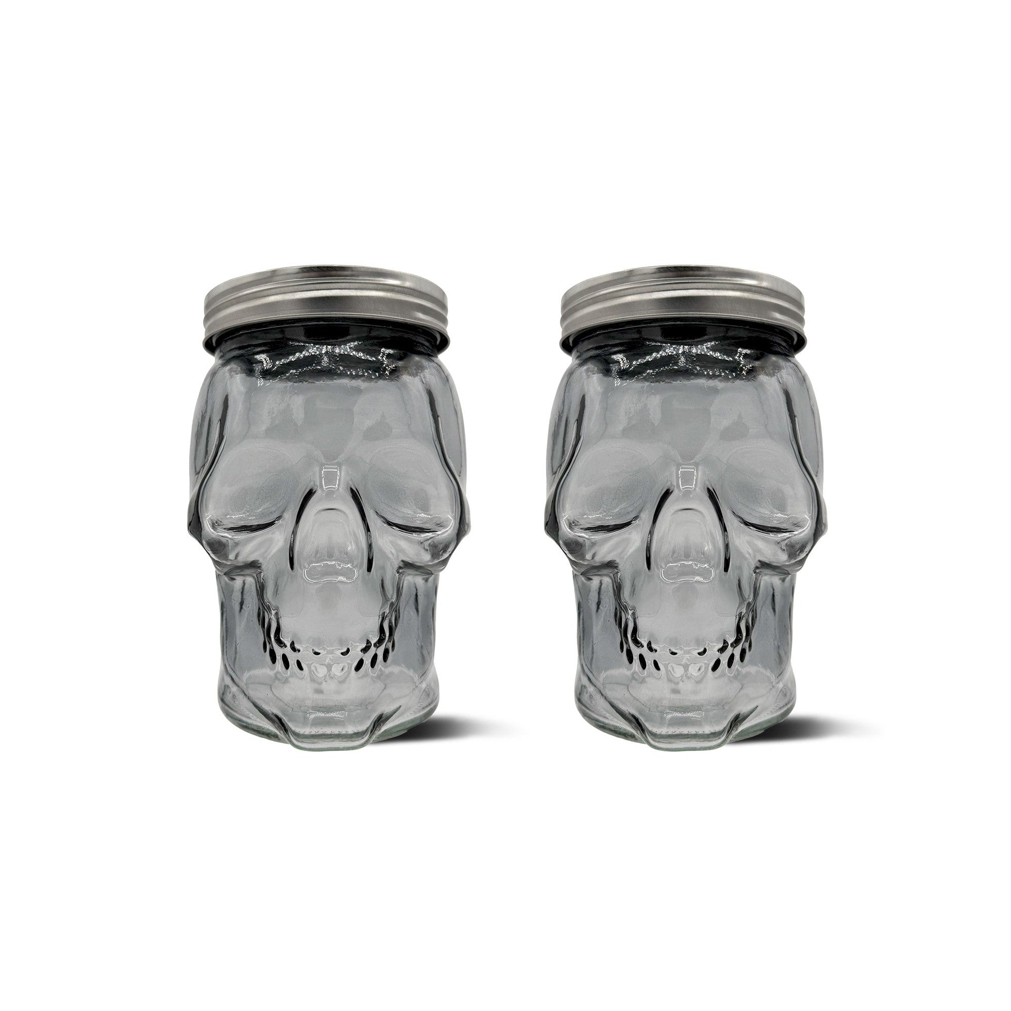 Skull Mason Jar with Lid, 4-Piece Set (2 skull Mason Jars & 2 Lids) 42oz, Smoke – Main View – Dura Living