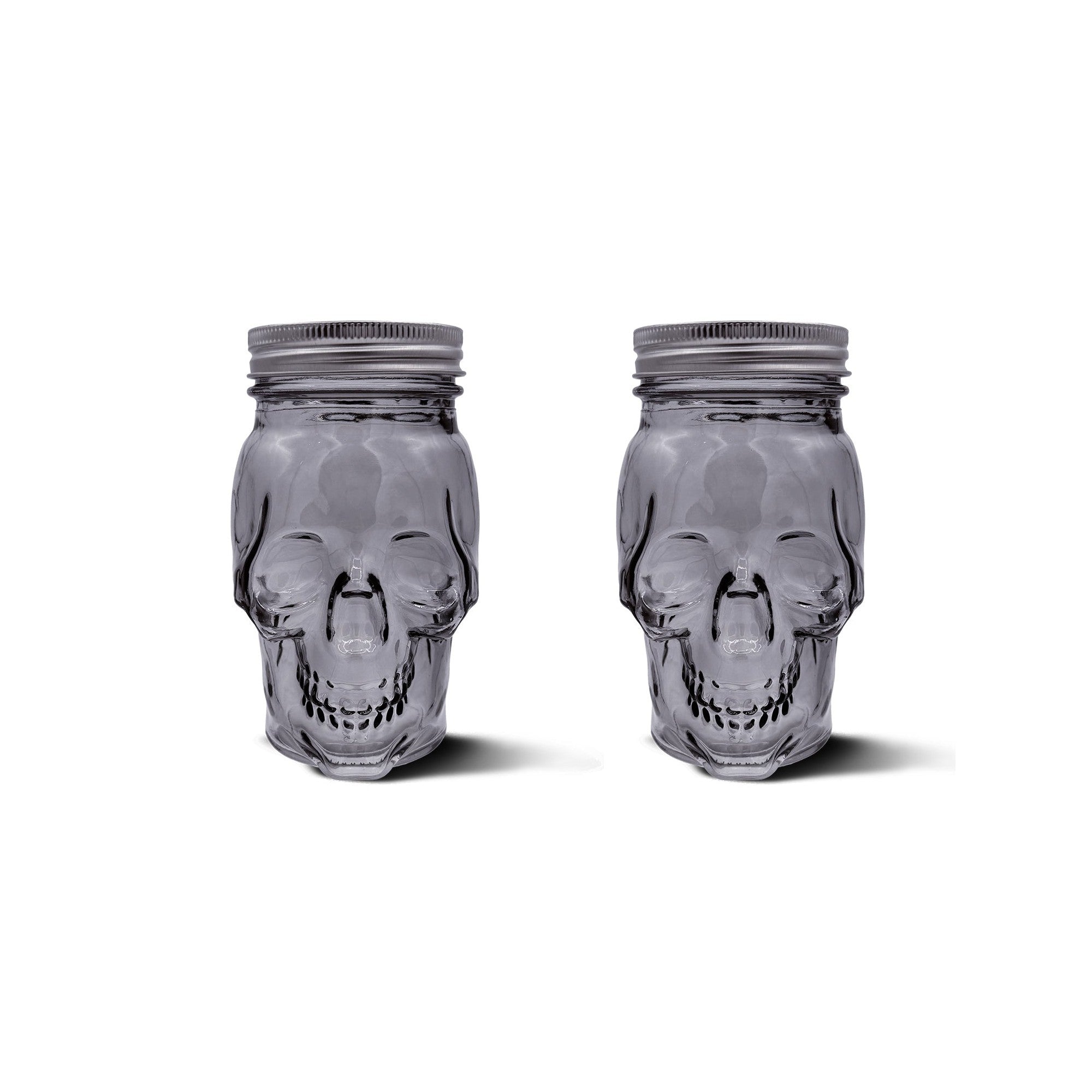 Skull Mason Jar with Lid, 4-Piece Set (2 skull Mason Jars & 2 Lids) 16oz, Smoke – Main View – Dura Living