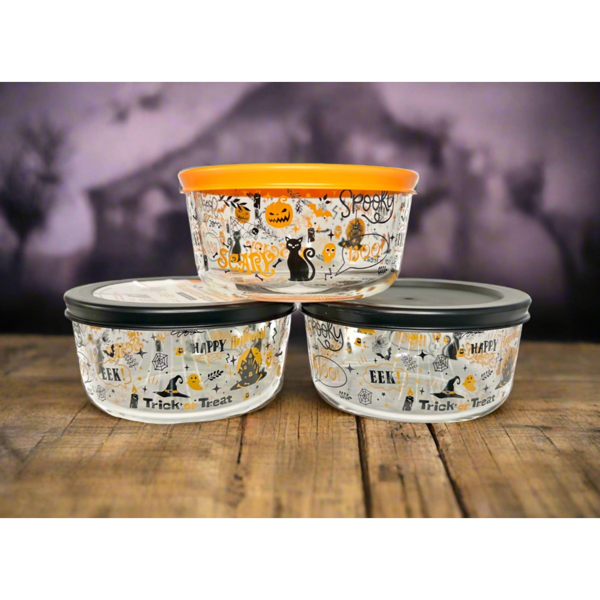 Dura Living Halloween Glass Storage Containers with Lids, 2 Cup Set Set of 6 (3 Containers + 3 Lids) – Detail – Dura Living