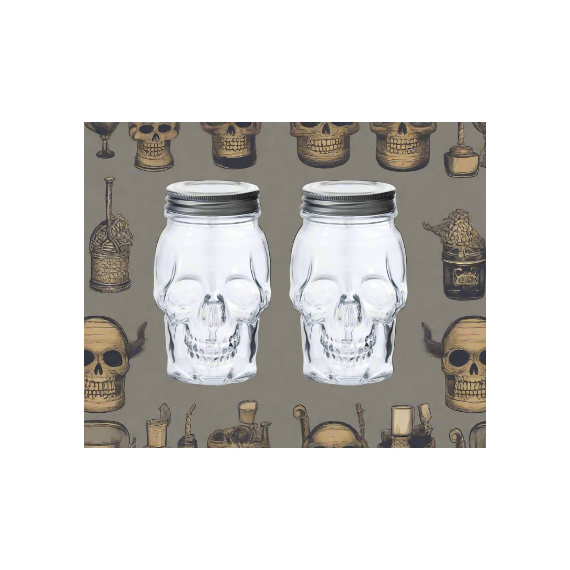 Skull Mason Jar with Lid, 4-Piece Set (2 skull Mason Jars & 2 Lids) 42oz, Clear – Packaging – Dura Living