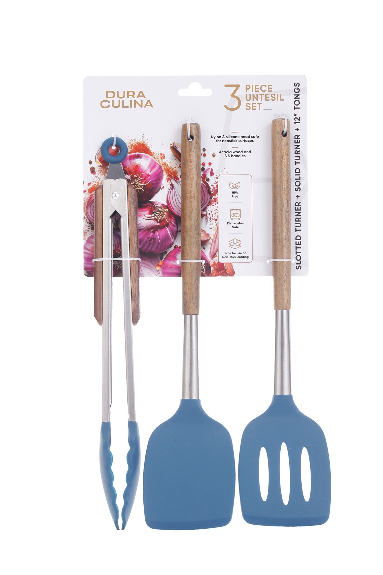 3-Piece Kitchen Tool Set - Acacia Wood & Stainless Steel Handles, Silicone Heads, Non-Stick Safe, Navy